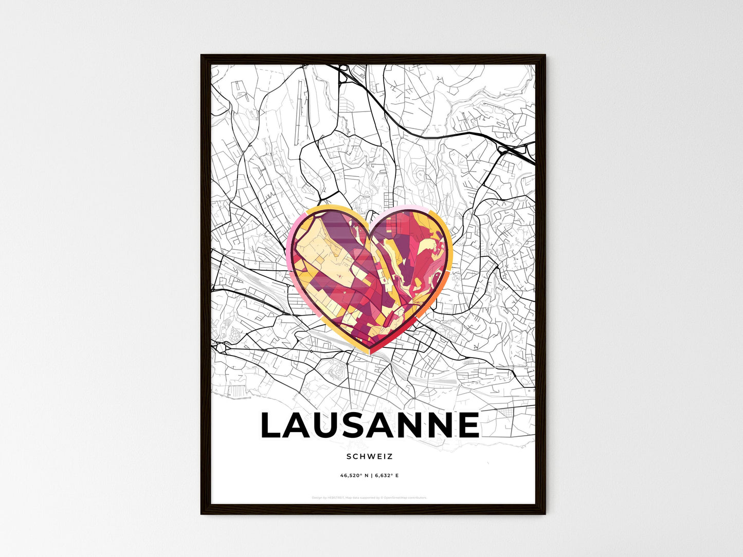 Lausanne Switzerland wedding art map with heart icon