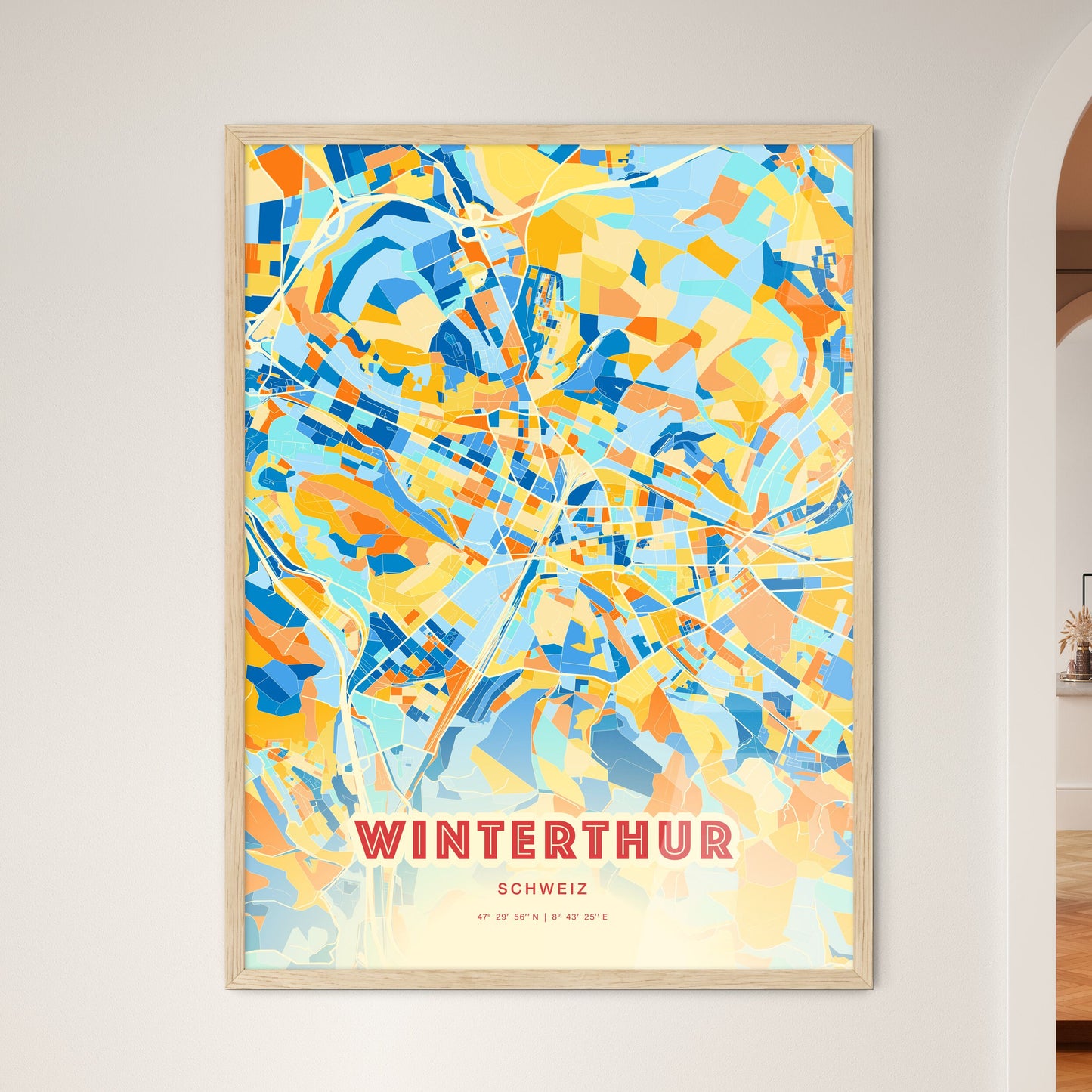 Colorful Winterthur Switzerland Fine Art Map Blue Orange