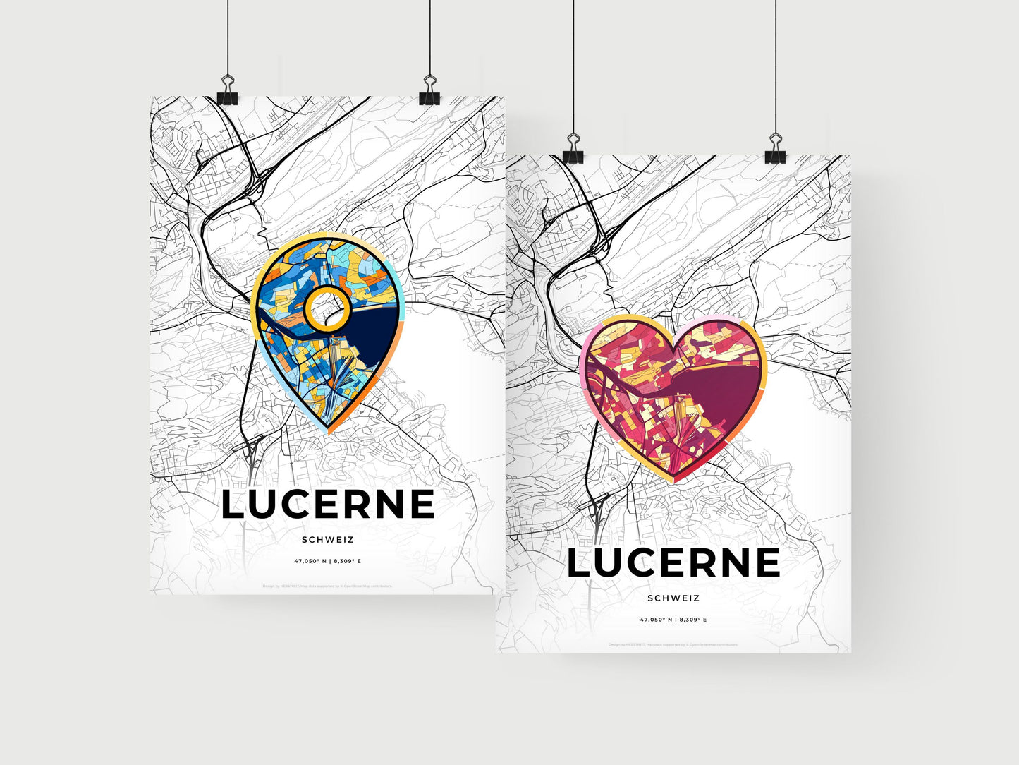 LUCERNE SWITZERLAND minimal art map with a colorful icon. Where it all began, Couple map gift.