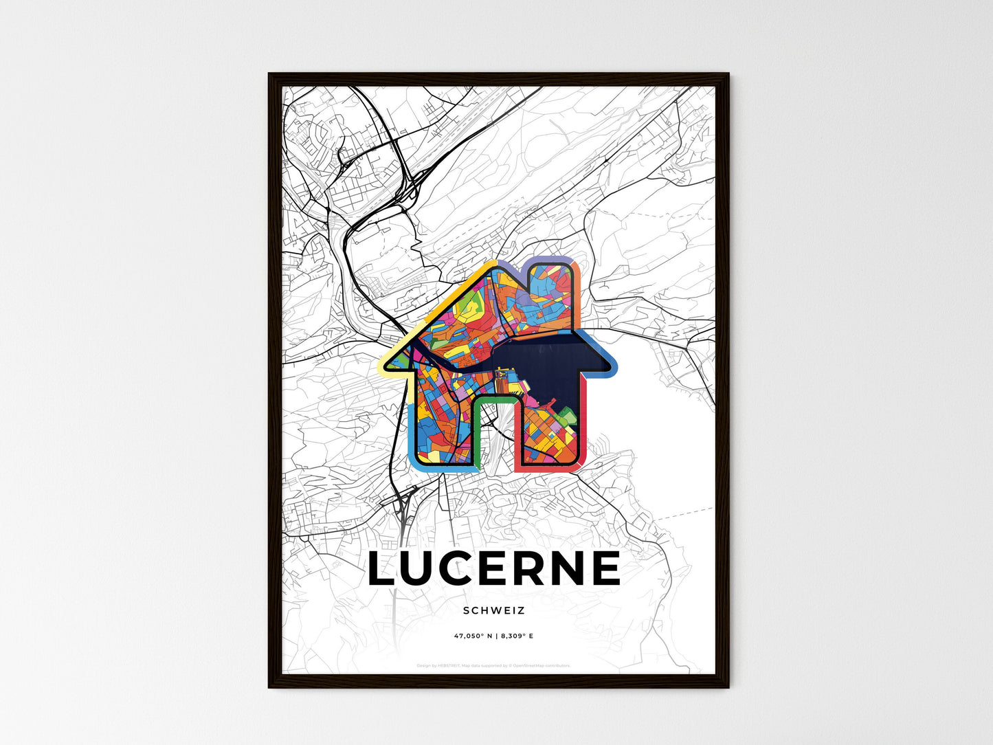LUCERNE SWITZERLAND minimal art map with a colorful icon. Where it all began, Couple map gift. Style 3
