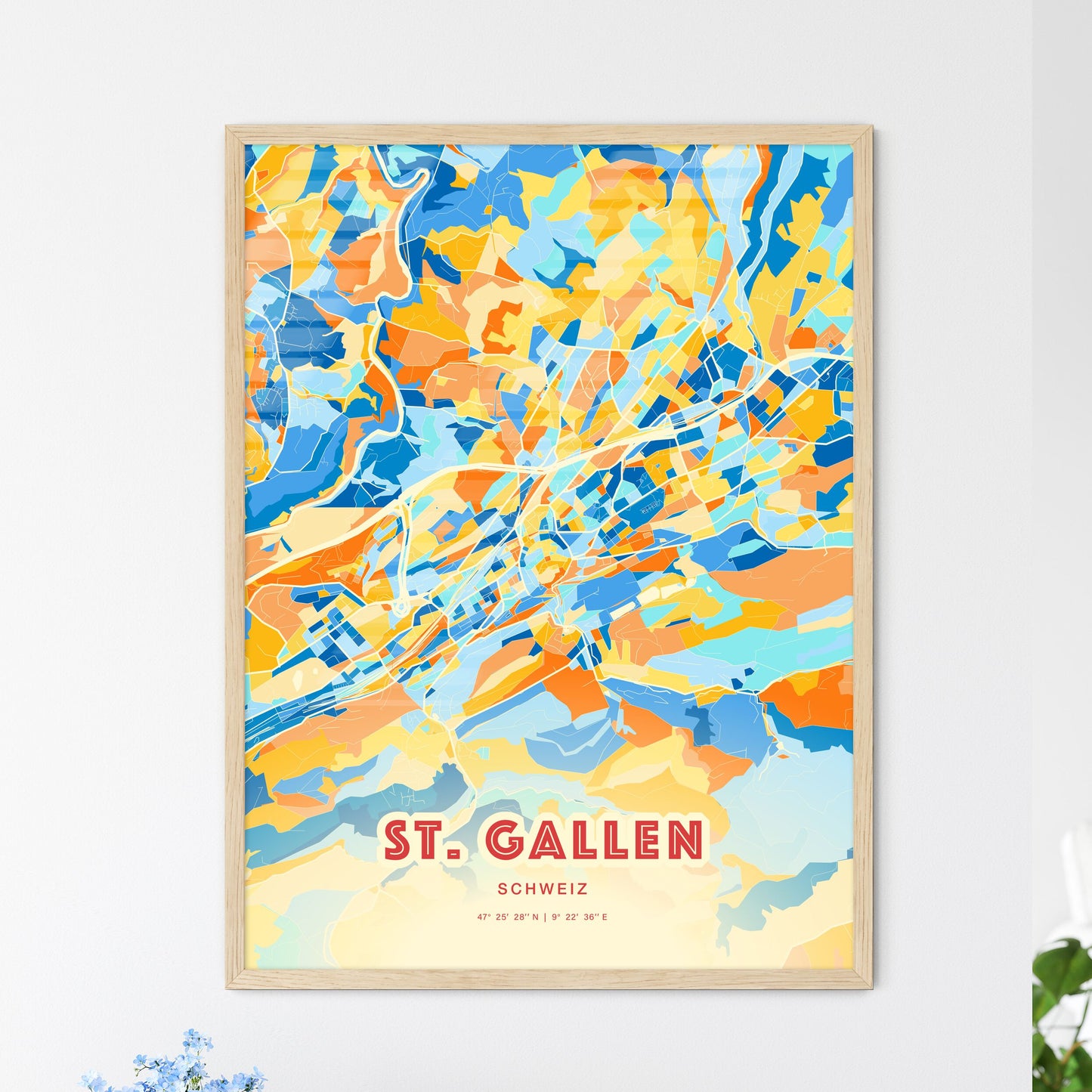 Colorful St. Gallen Switzerland Fine Art Map Blue Orange