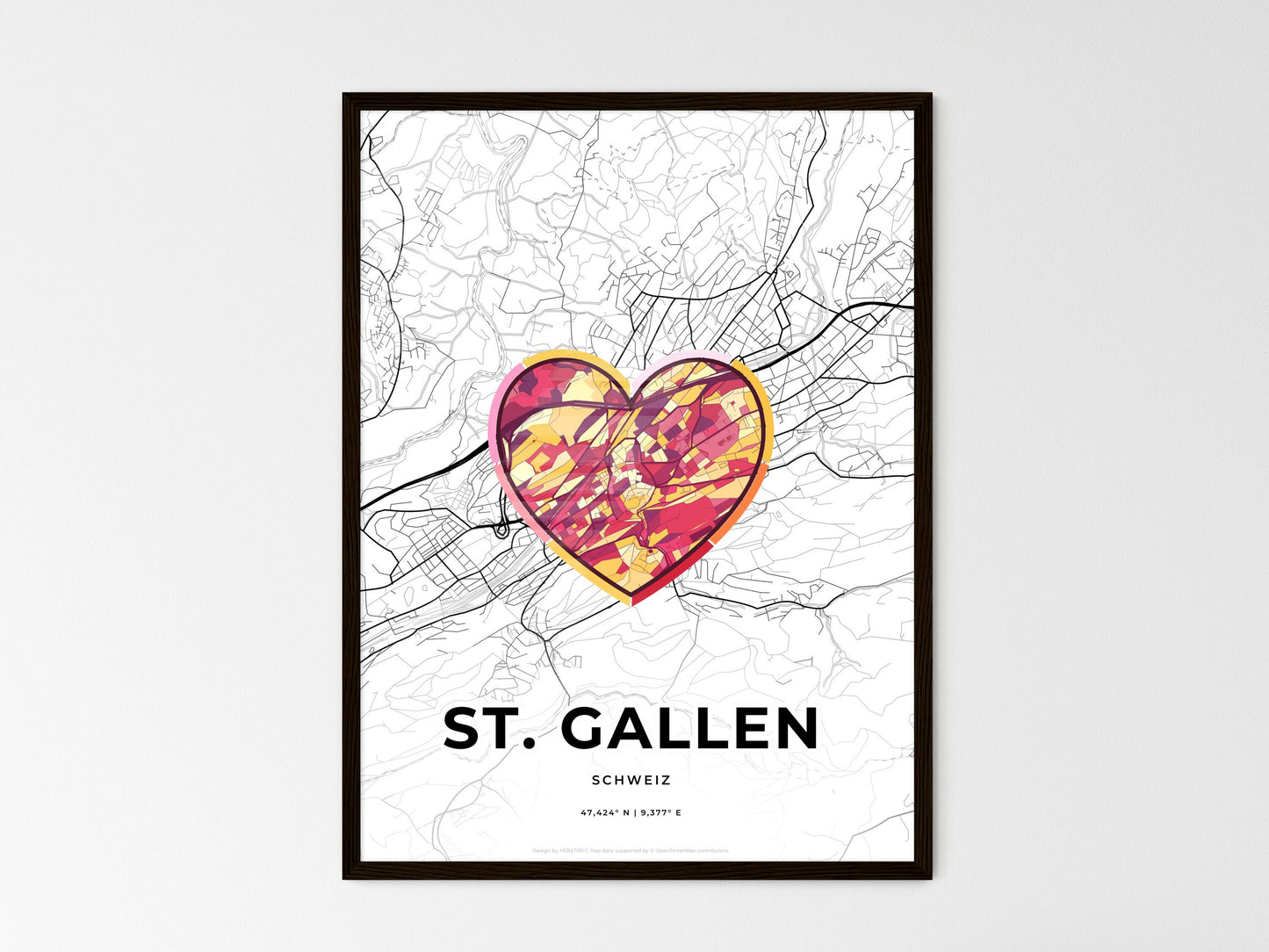 St. Gallen Switzerland wedding art map with heart icon
