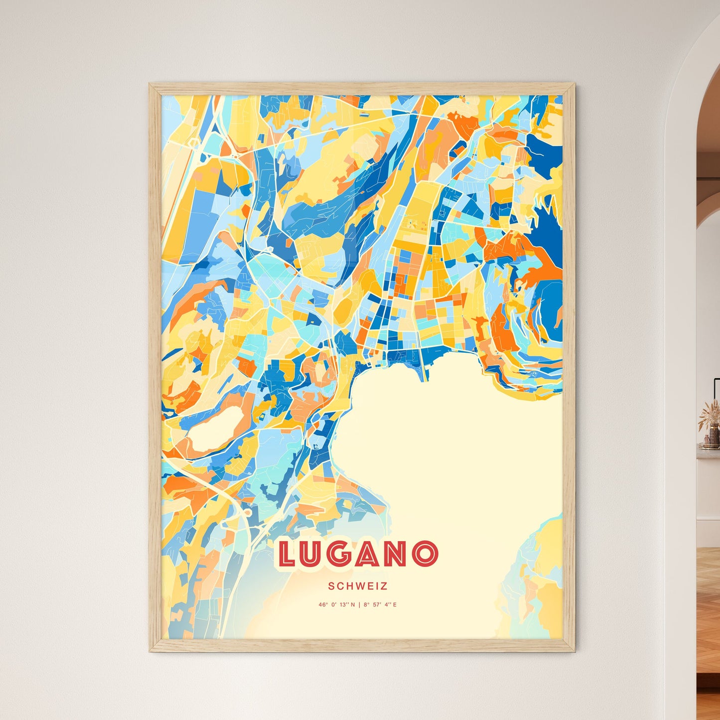 Colorful Lugano Switzerland Fine Art Map Blue Orange