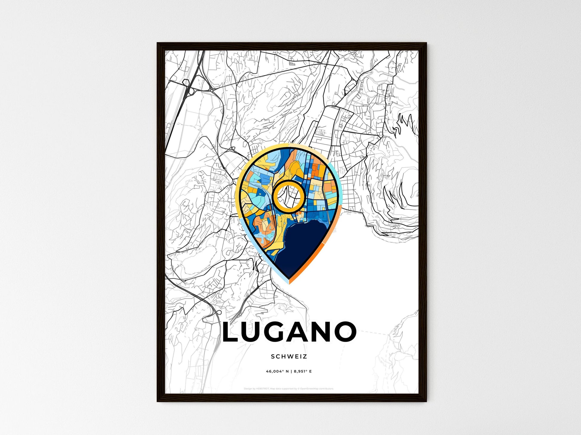 Lugano Switzerland wedding art map with pointer icon