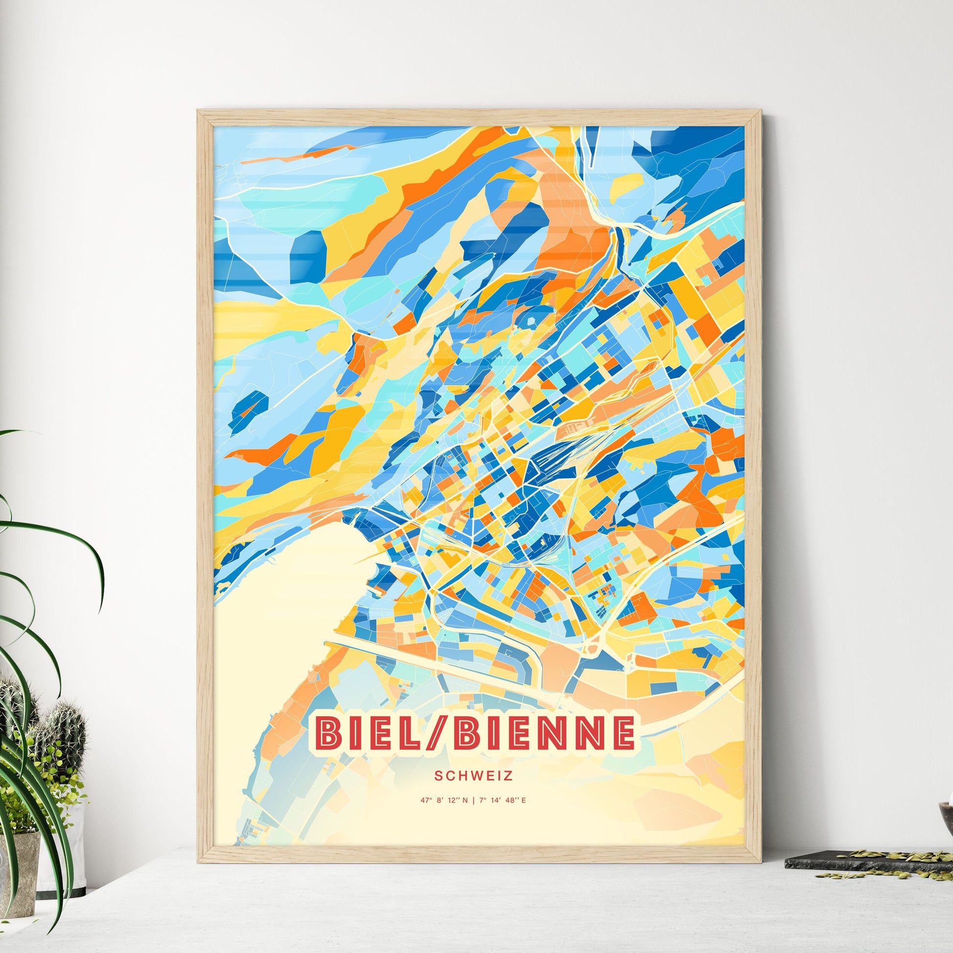 Colorful BIEL/BIENNE SWITZERLAND Fine Art Map Blue Orange