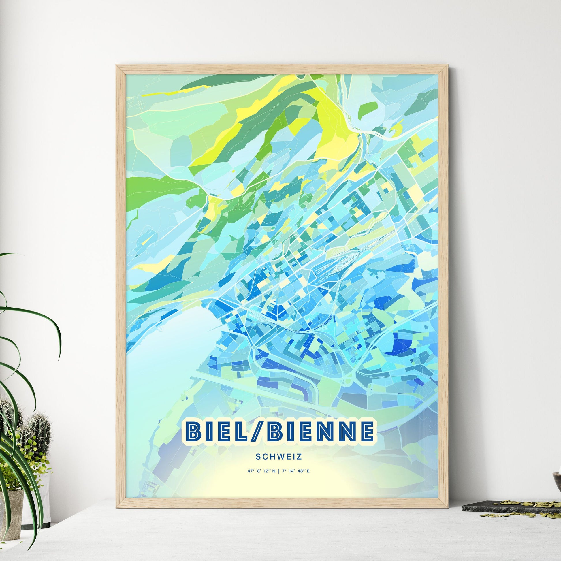 Colorful BIEL/BIENNE SWITZERLAND Fine Art Map Cool Blue