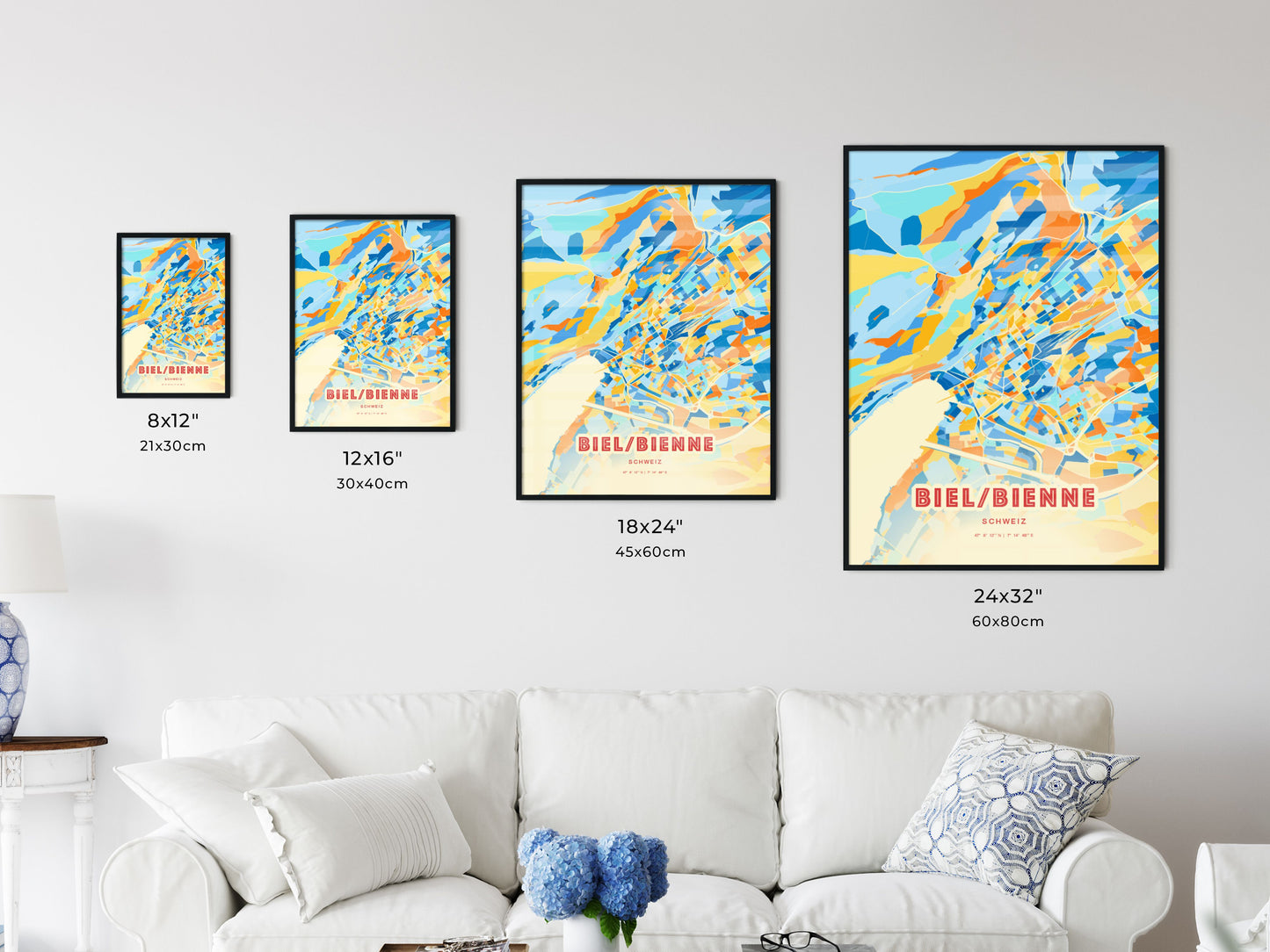 Colorful BIEL/BIENNE SWITZERLAND Fine Art Map Blue Orange