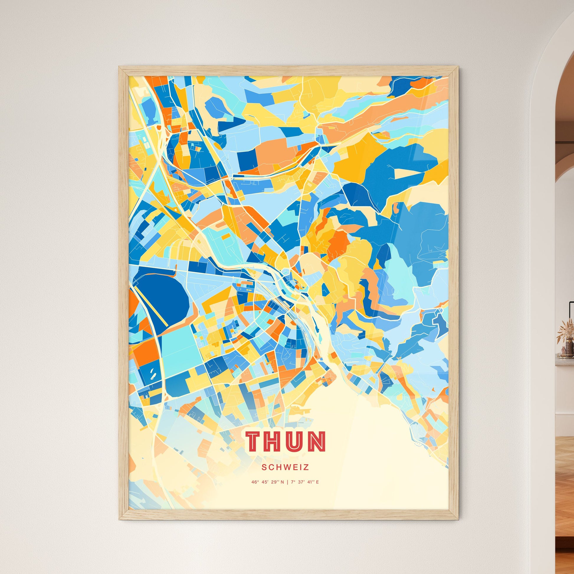 Colorful Thun Switzerland Fine Art Map Blue Orange