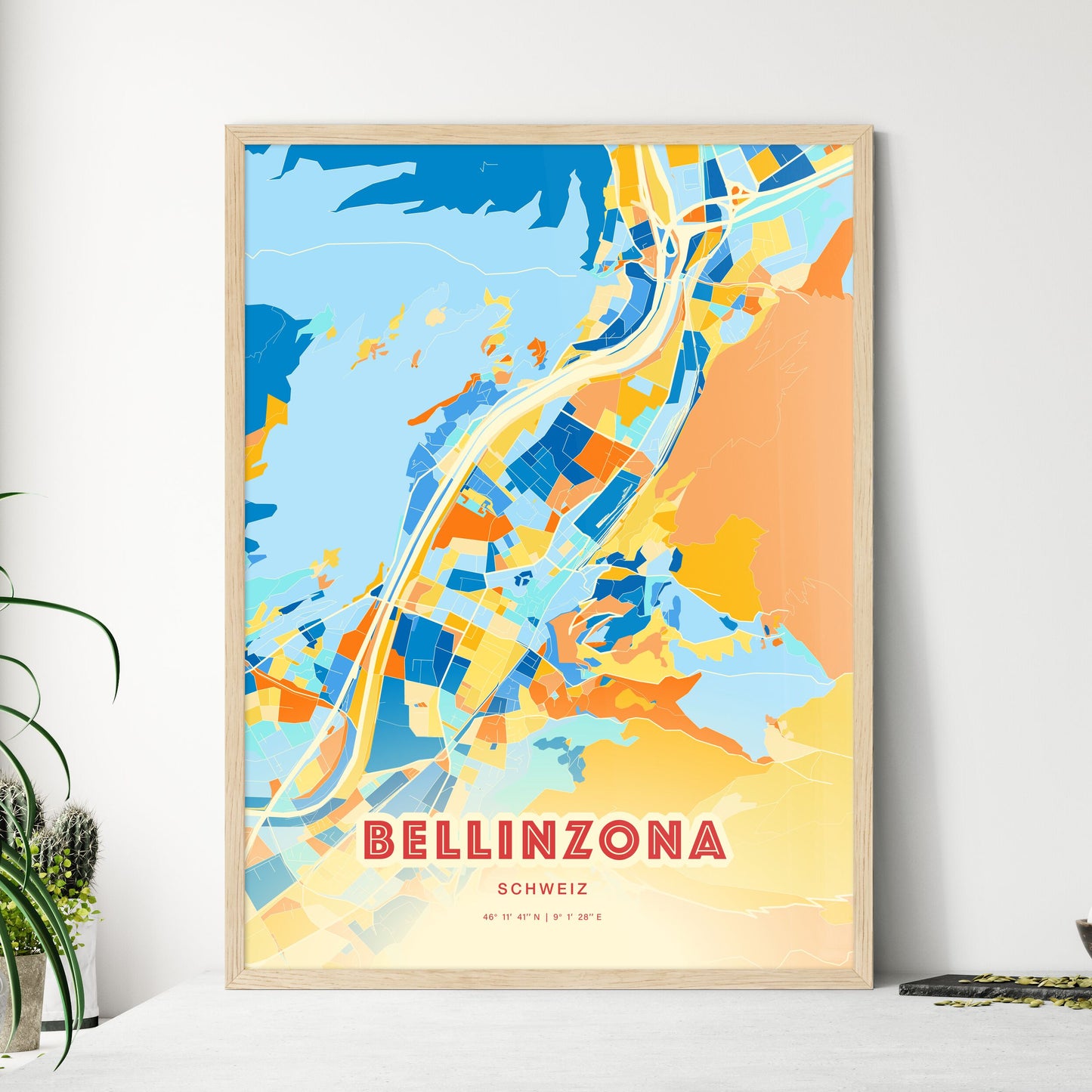 Colorful BELLINZONA SWITZERLAND Fine Art Map Blue Orange