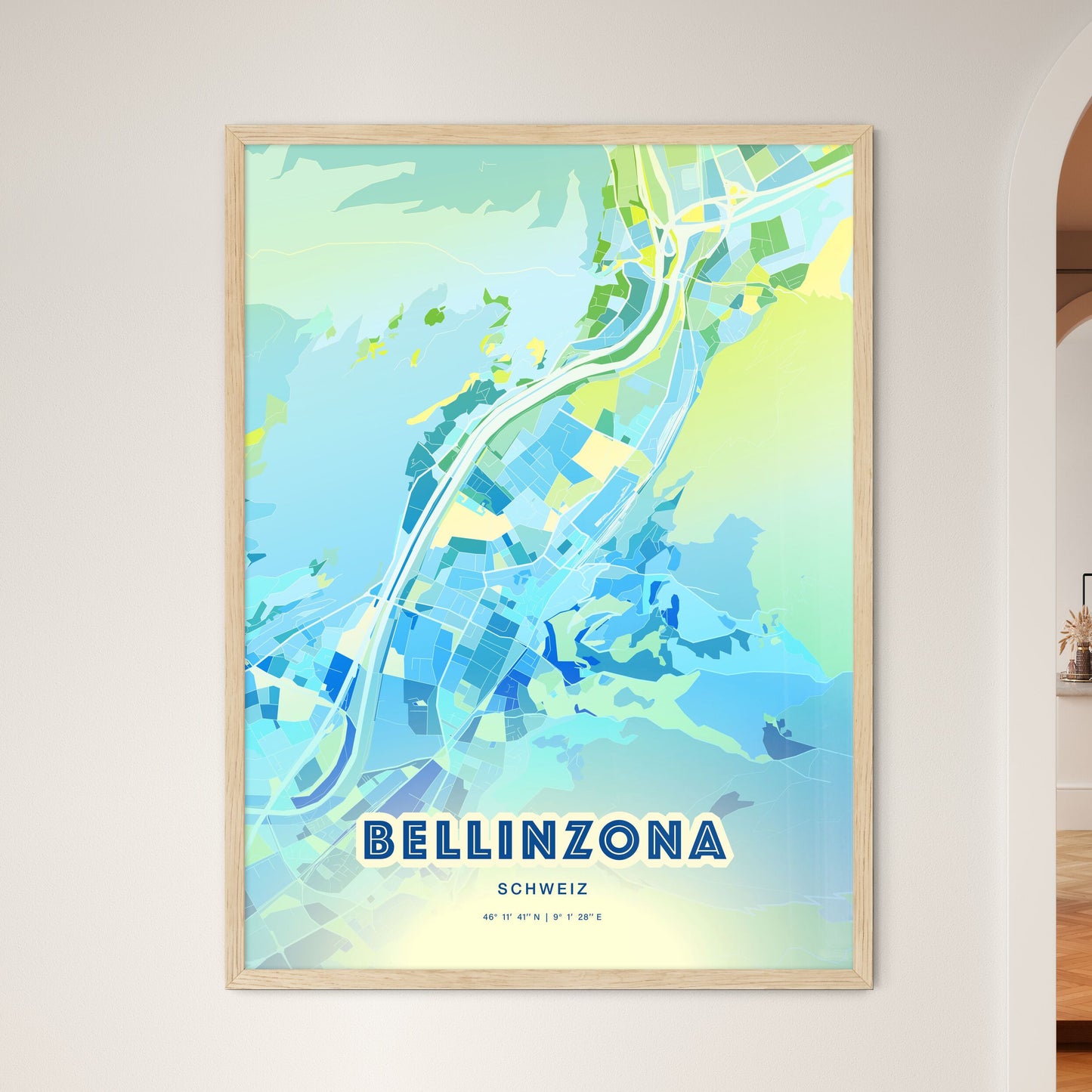 Colorful BELLINZONA SWITZERLAND Fine Art Map Cool Blue