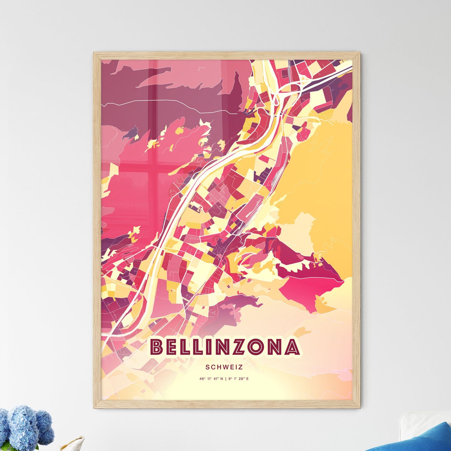 Colorful BELLINZONA SWITZERLAND Fine Art Map Hot Red