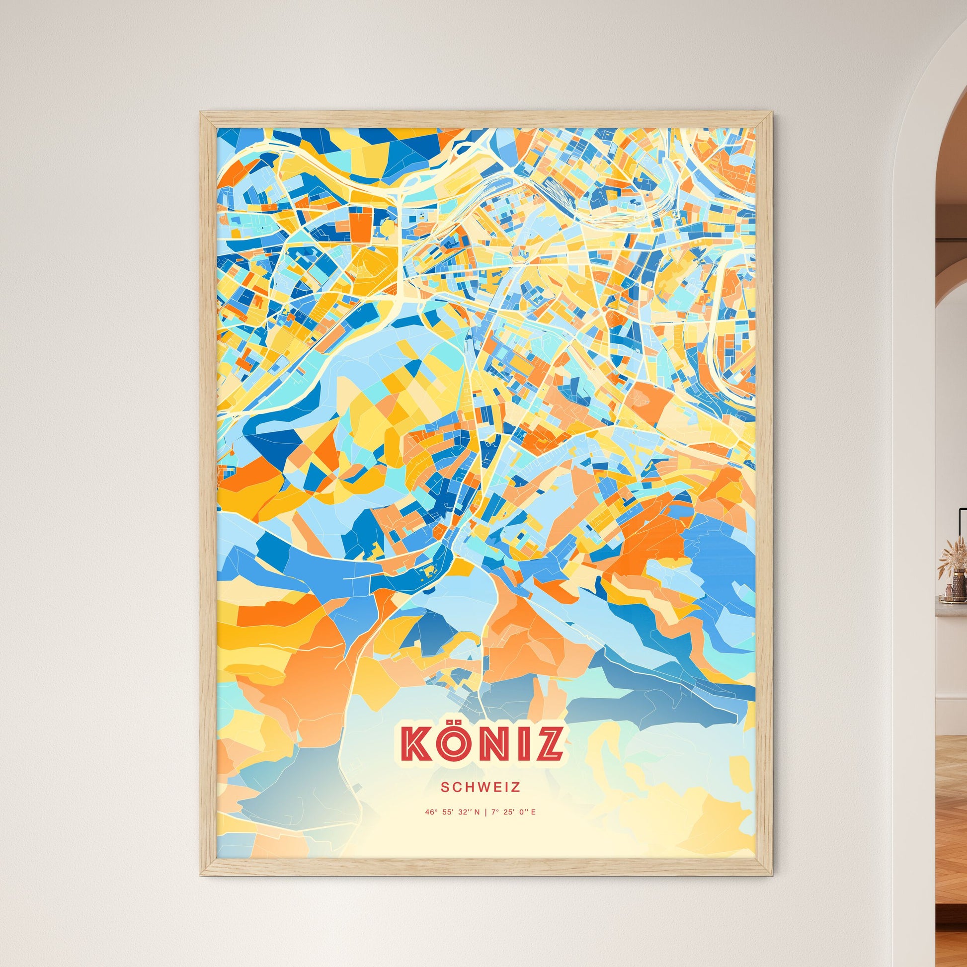 Colorful KÖNIZ SWITZERLAND Fine Art Map Blue Orange