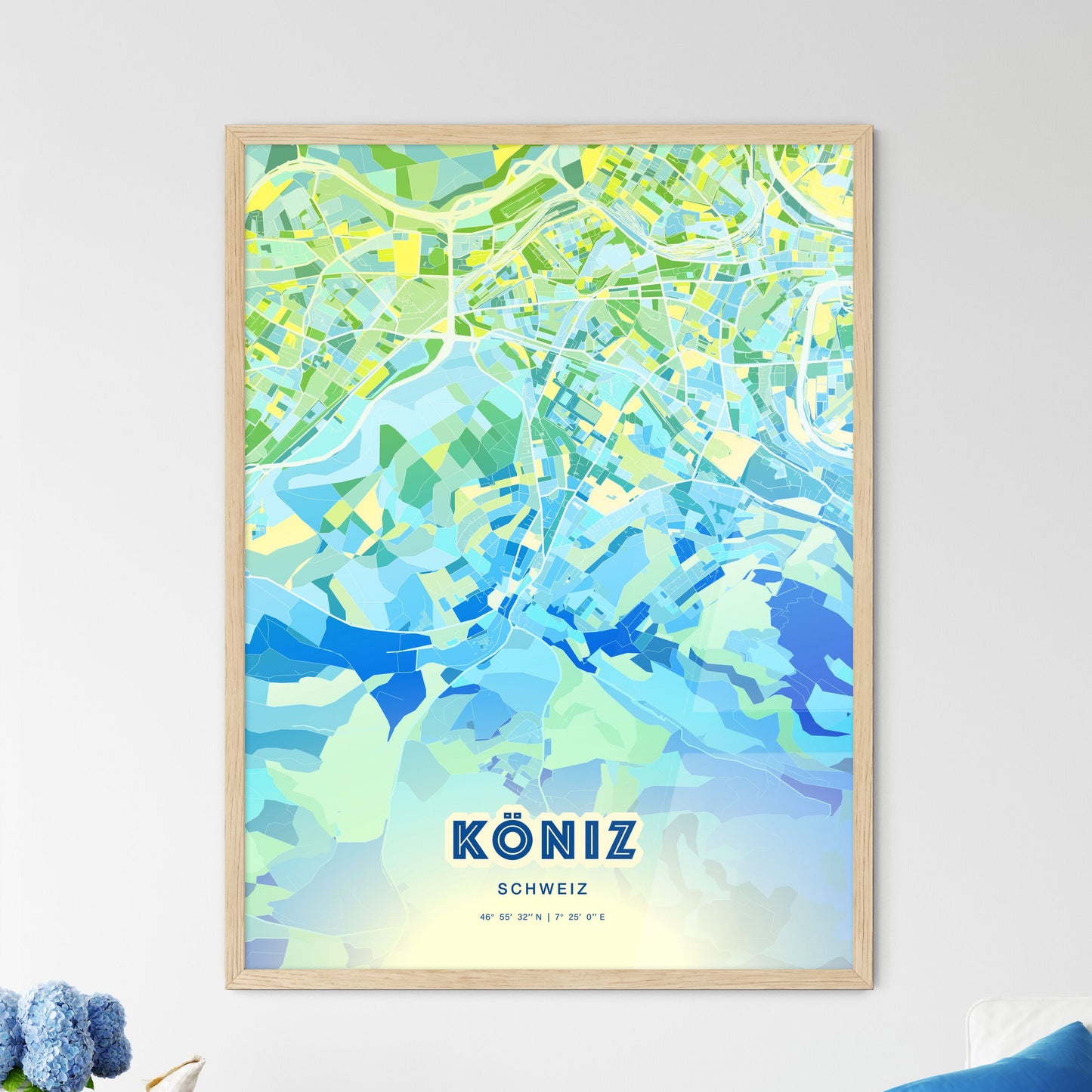 Colorful KÖNIZ SWITZERLAND Fine Art Map Cool Blue