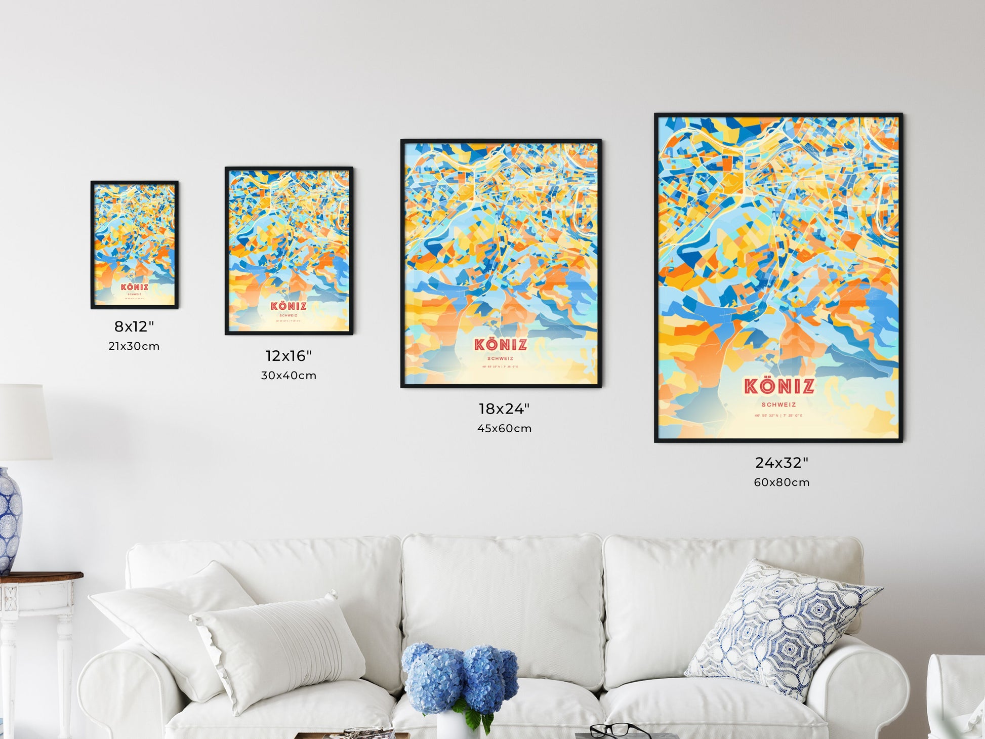 Colorful KÖNIZ SWITZERLAND Fine Art Map Blue Orange