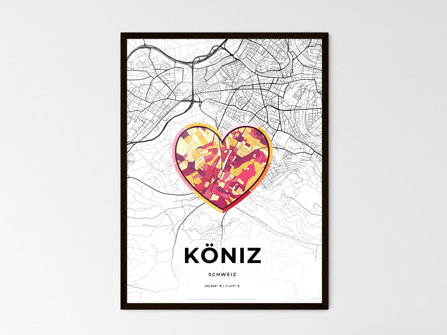 Köniz Switzerland wedding art map with heart icon