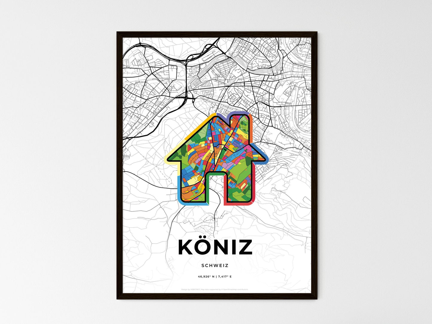 Köniz Switzerland wedding art map with home icon