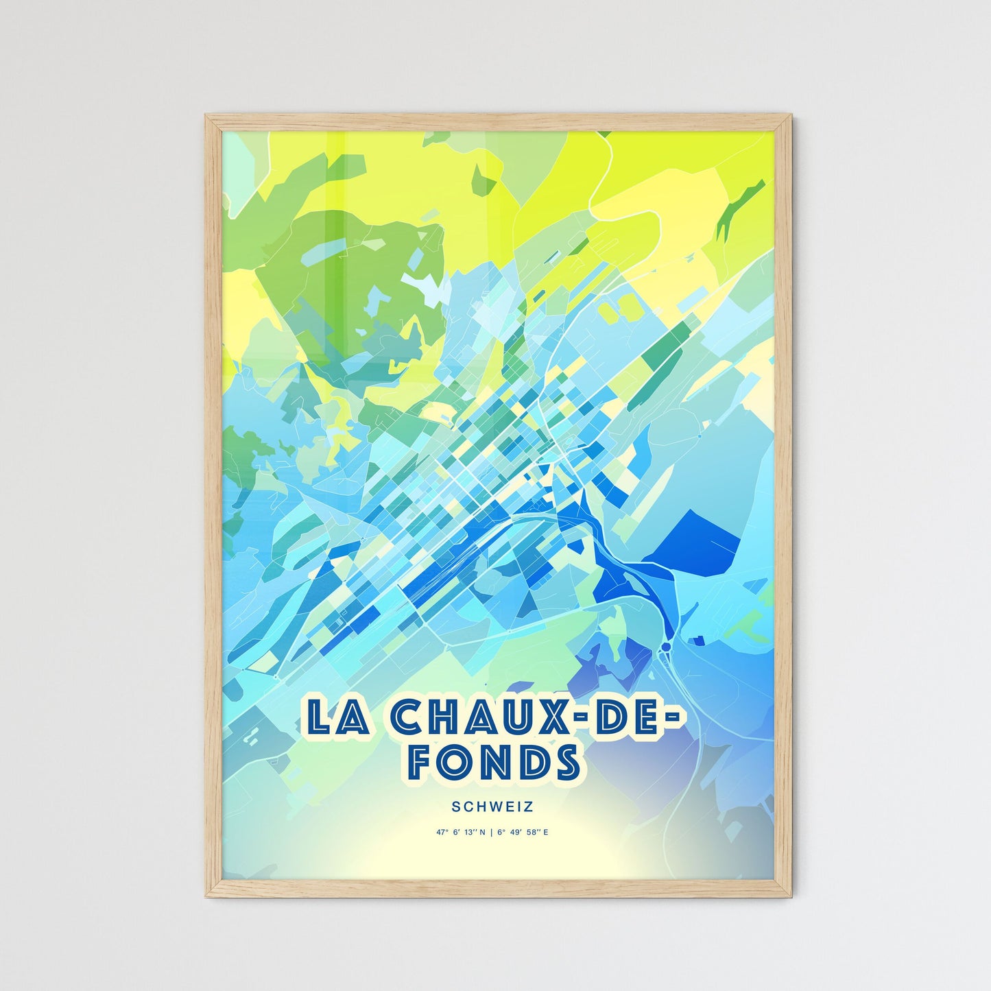 Colorful LA CHAUX-DE-FONDS SWITZERLAND Fine Art Map Cool Blue