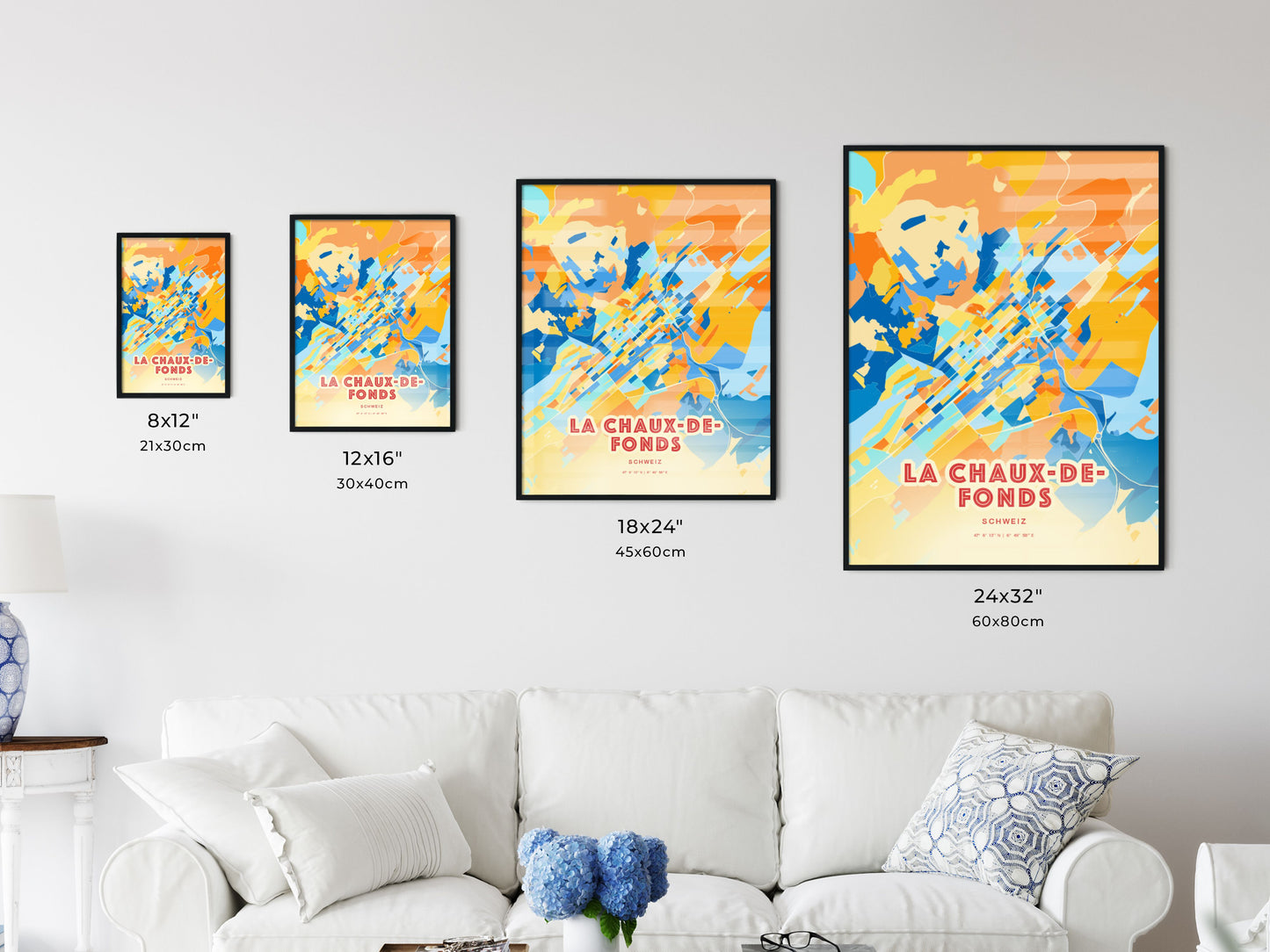 Colorful LA CHAUX-DE-FONDS SWITZERLAND Fine Art Map Blue Orange