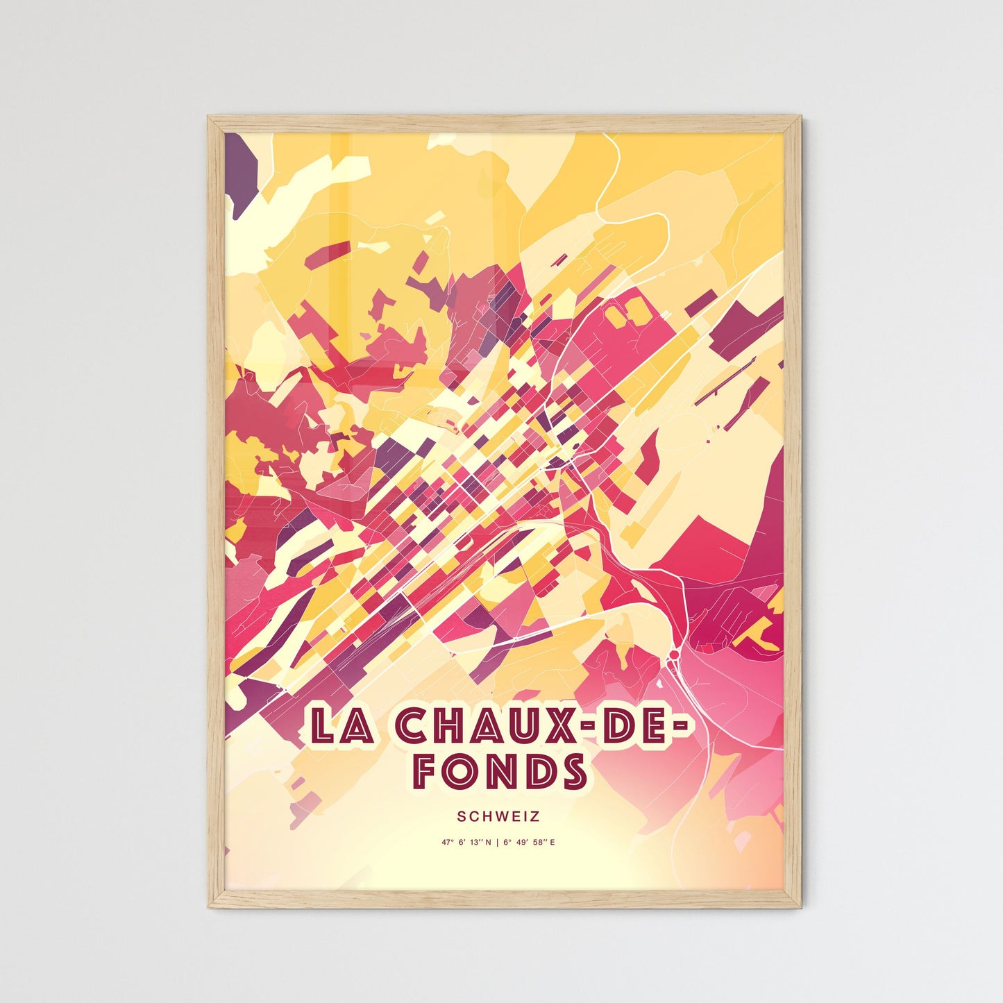 Colorful LA CHAUX-DE-FONDS SWITZERLAND Fine Art Map Hot Red