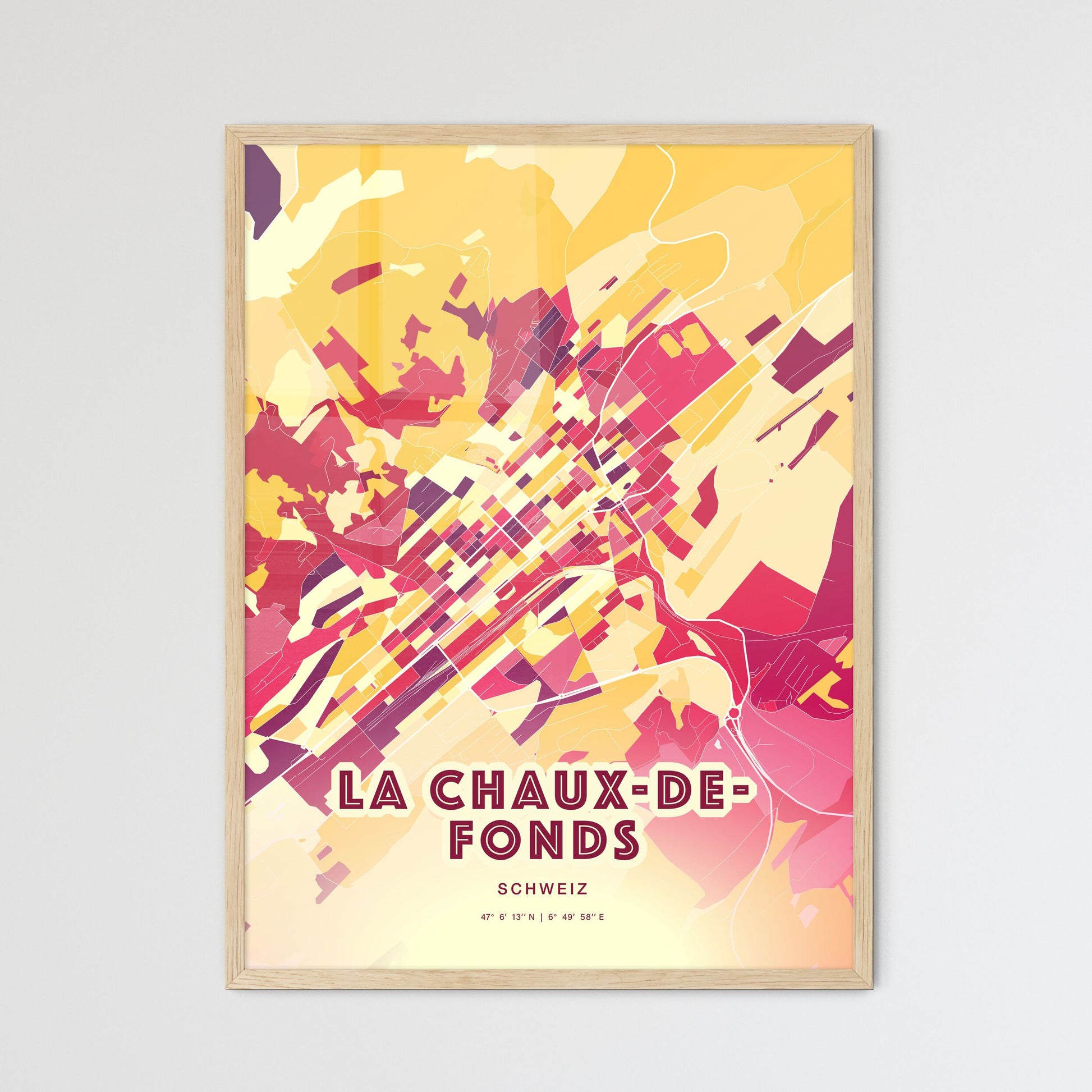 Colorful LA CHAUX-DE-FONDS SWITZERLAND Fine Art Map Hot Red