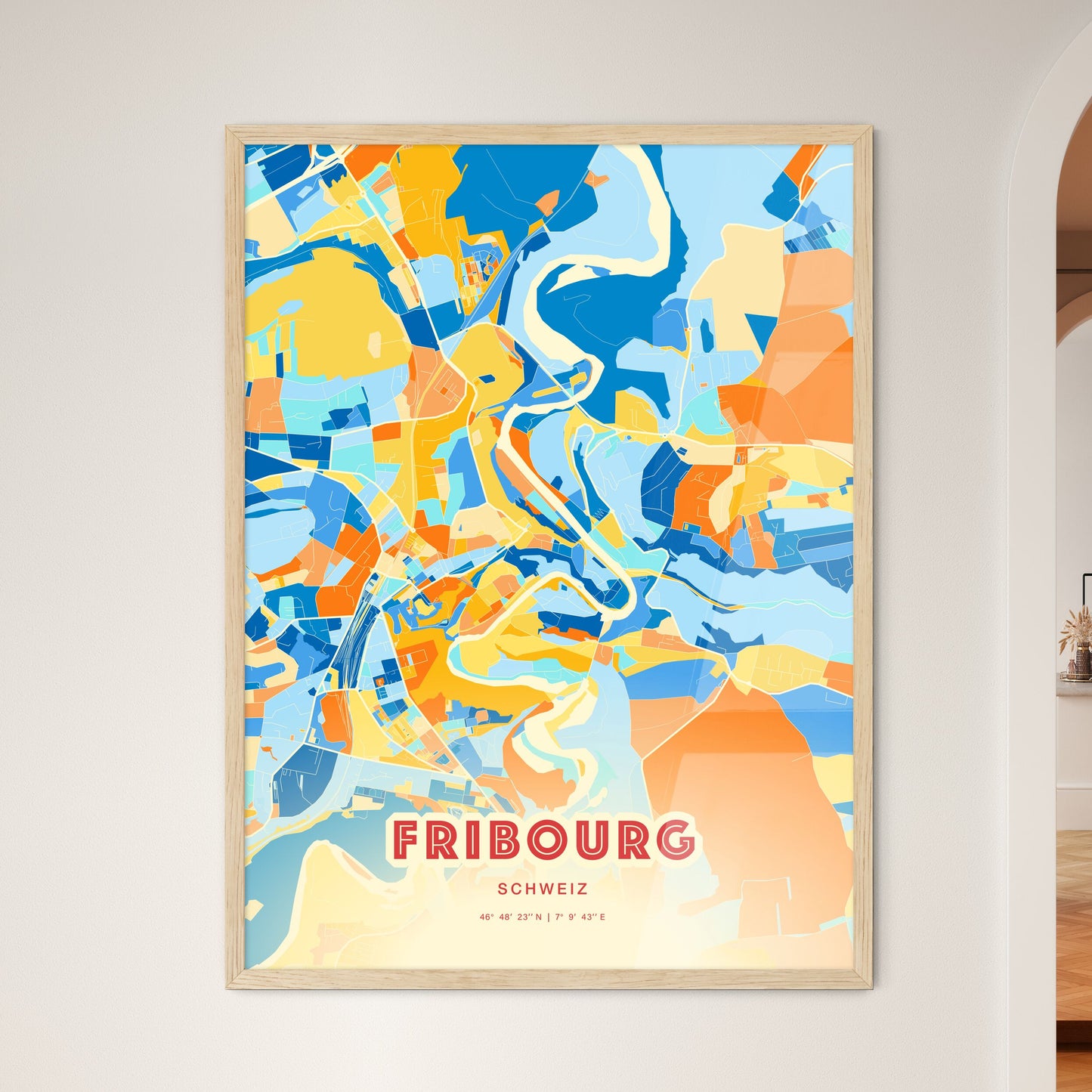 Colorful FRIBOURG SWITZERLAND Fine Art Map Blue Orange