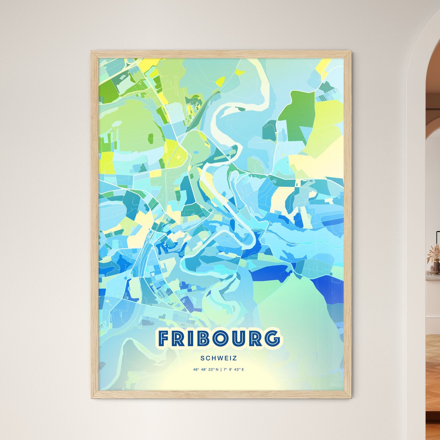 Colorful FRIBOURG SWITZERLAND Fine Art Map Cool Blue