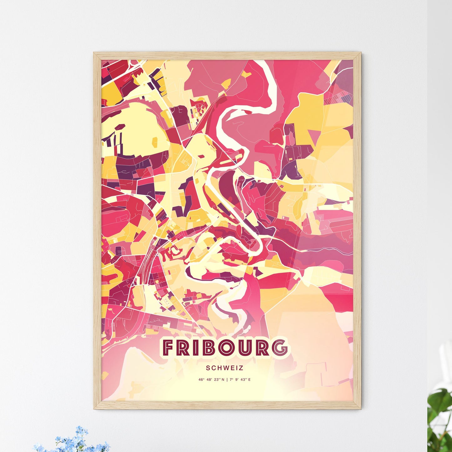 Colorful FRIBOURG SWITZERLAND Fine Art Map Hot Red