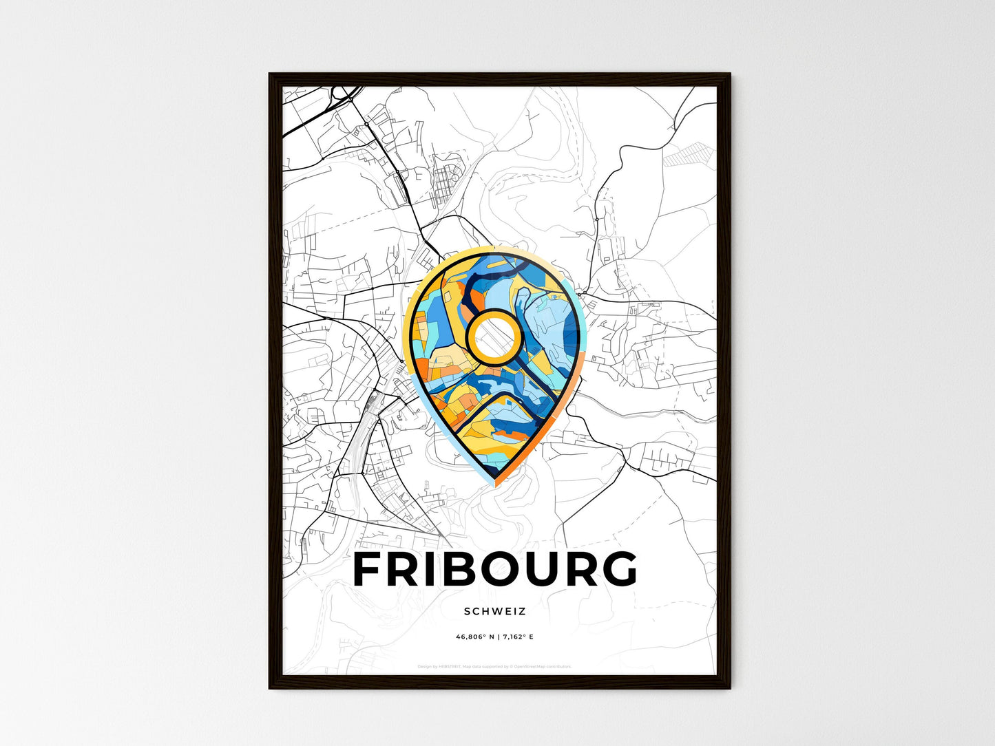 Fribourg Switzerland wedding art map with pointer icon