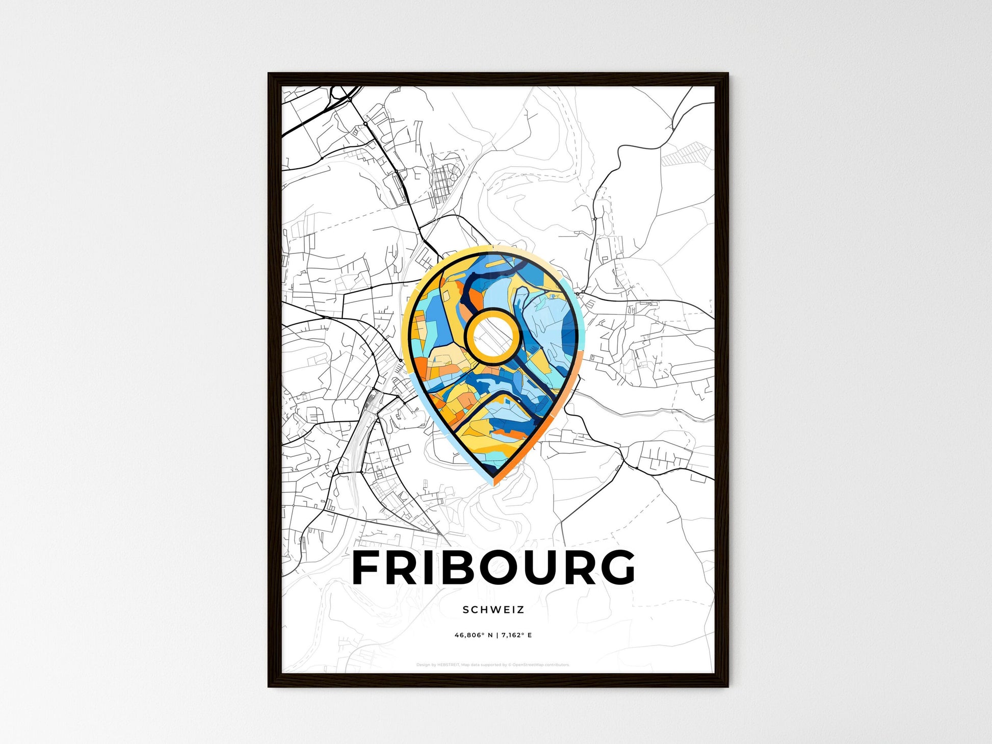 Fribourg Switzerland wedding art map with pointer icon