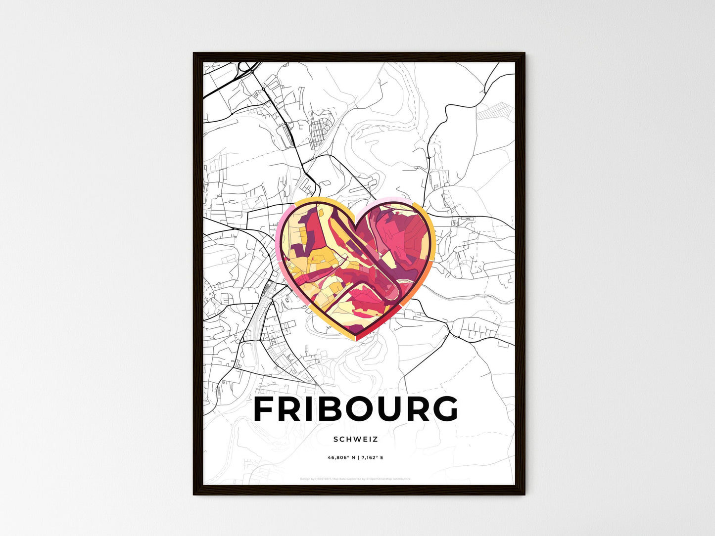 Fribourg Switzerland wedding art map with heart icon