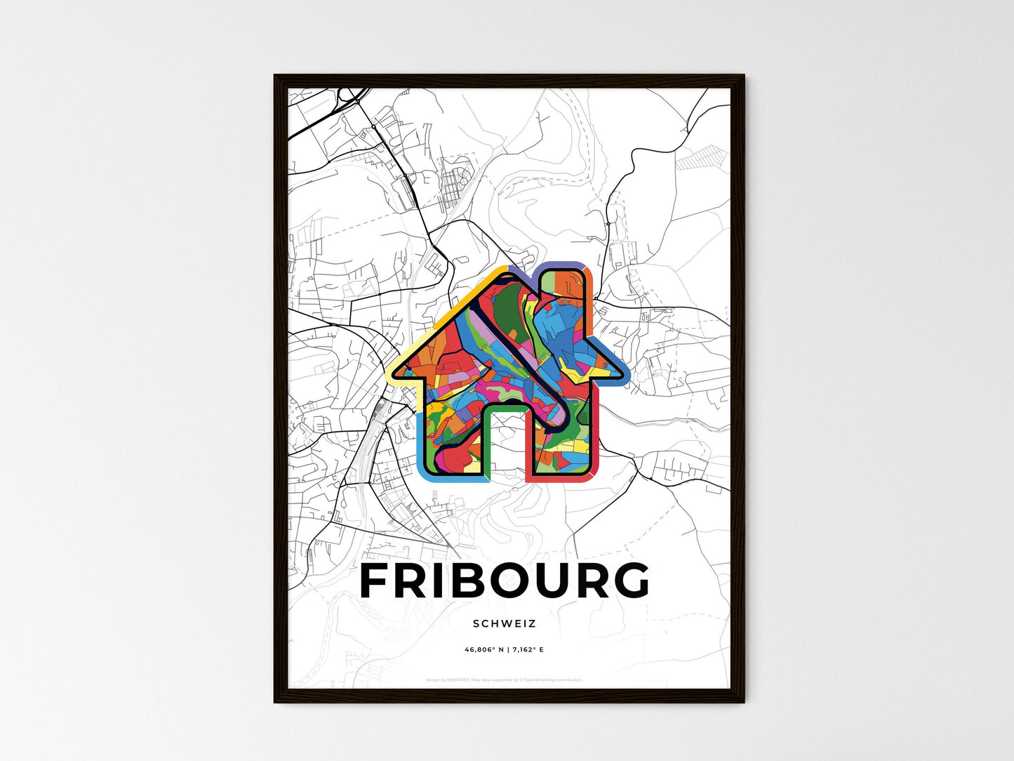 Fribourg Switzerland wedding art map with home icon