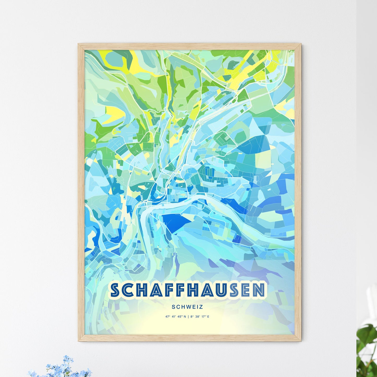 Colorful SCHAFFHAUSEN SWITZERLAND Fine Art Map Cool Blue