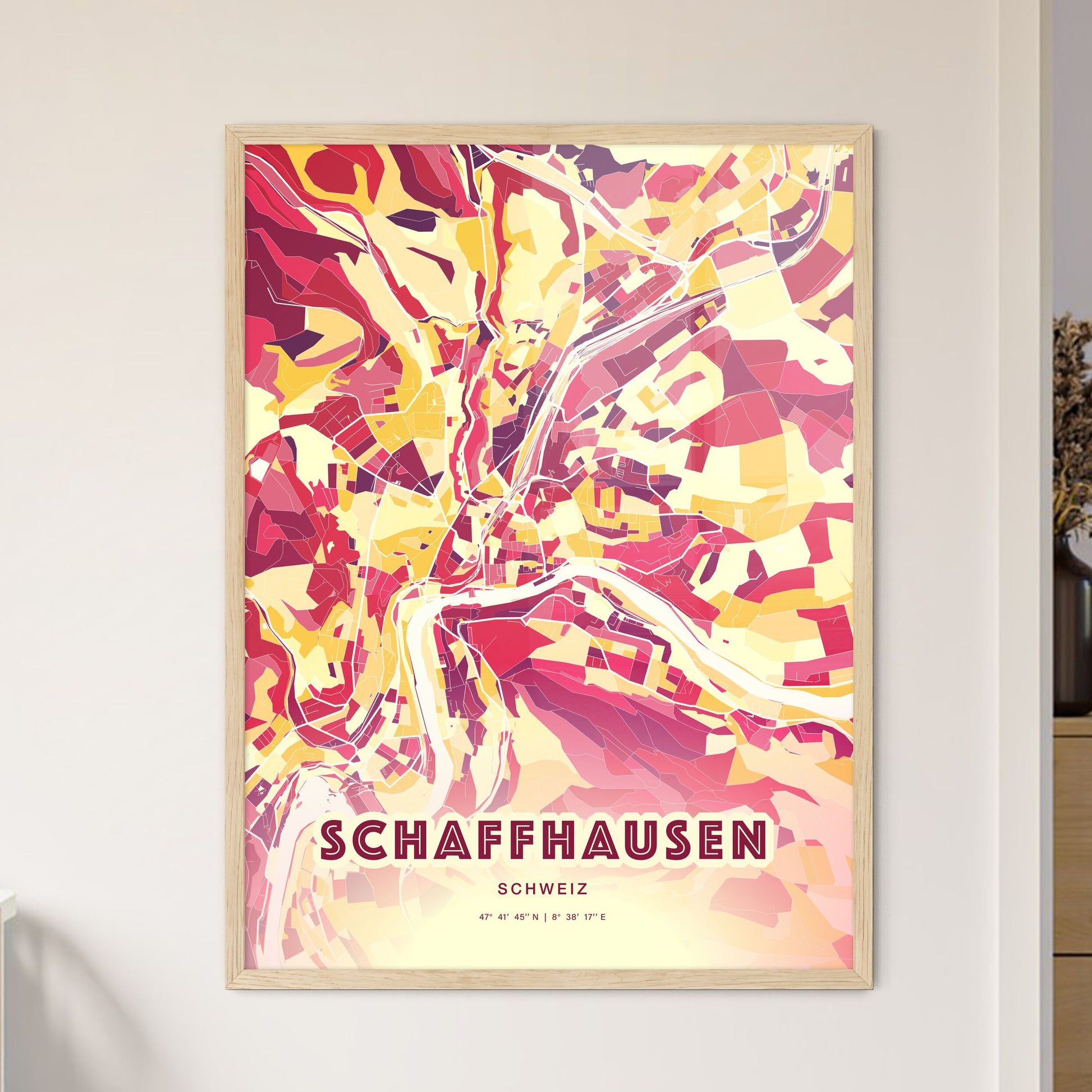 Colorful SCHAFFHAUSEN SWITZERLAND Fine Art Map Hot Red