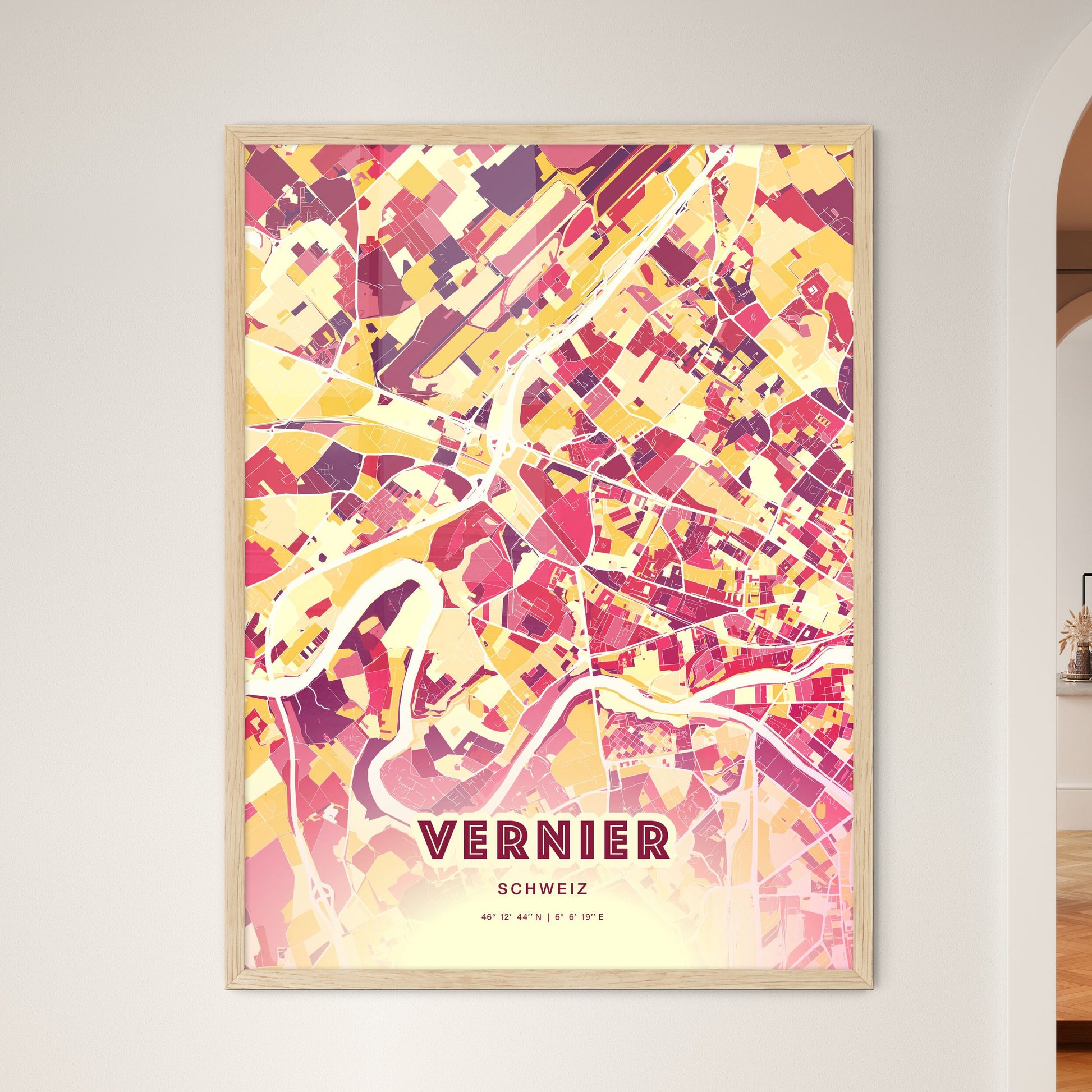 Colorful VERNIER SWITZERLAND Fine Art Map Hot Red