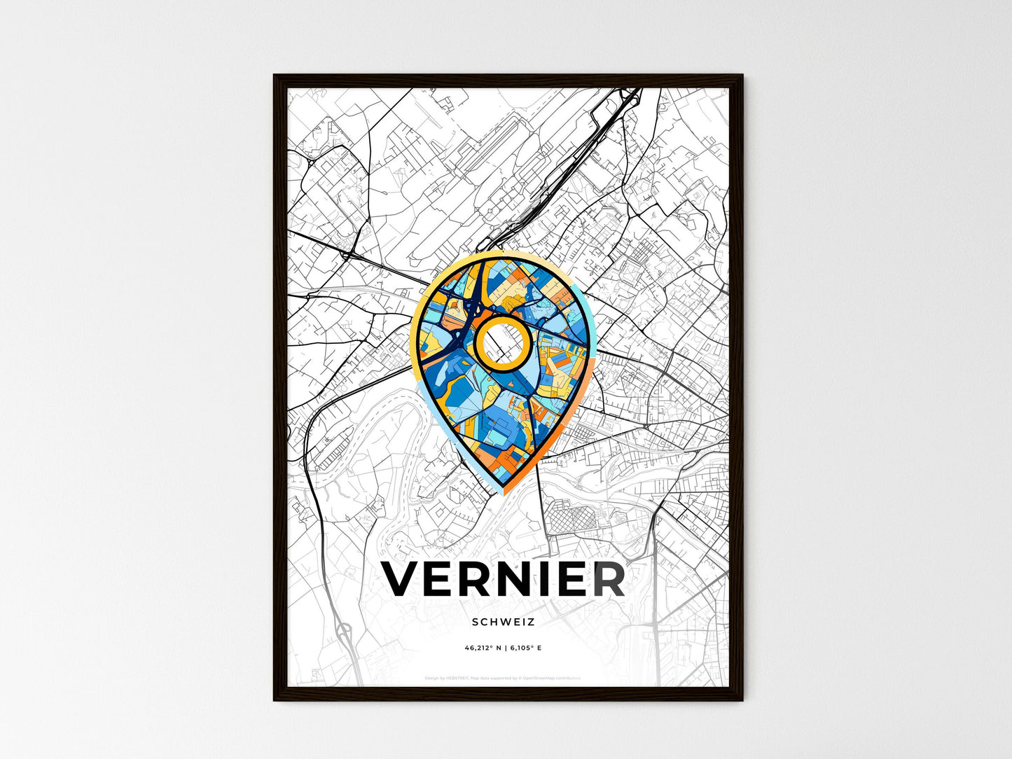 Vernier Switzerland wedding art map with pointer icon