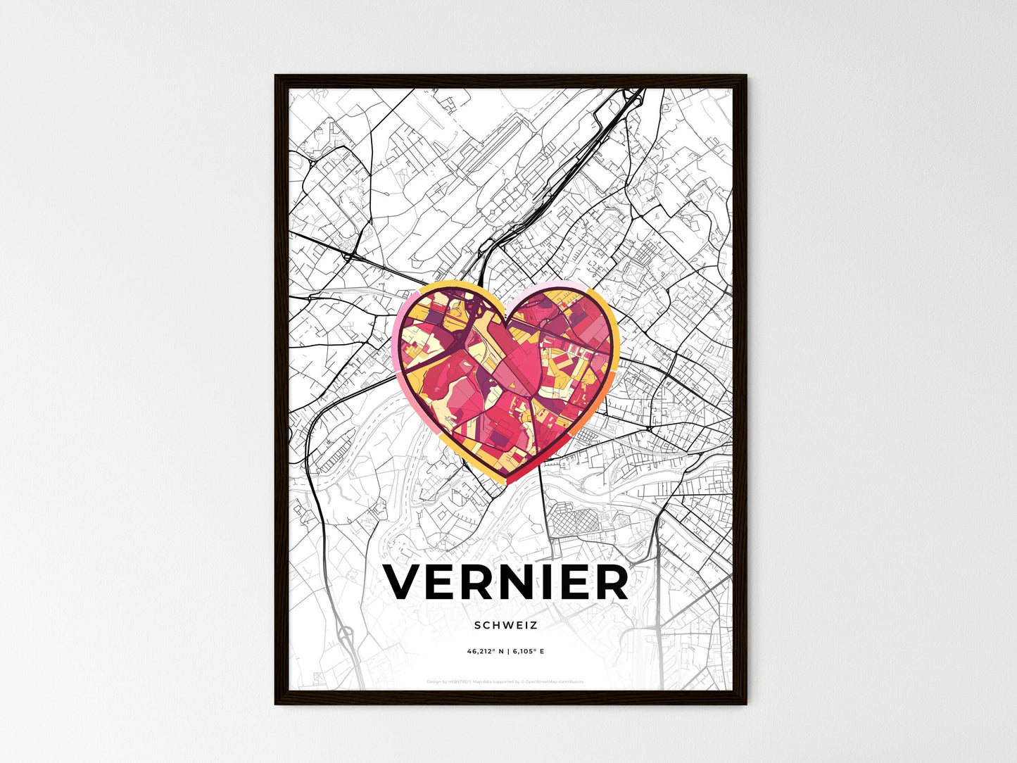 Vernier Switzerland wedding art map with heart icon