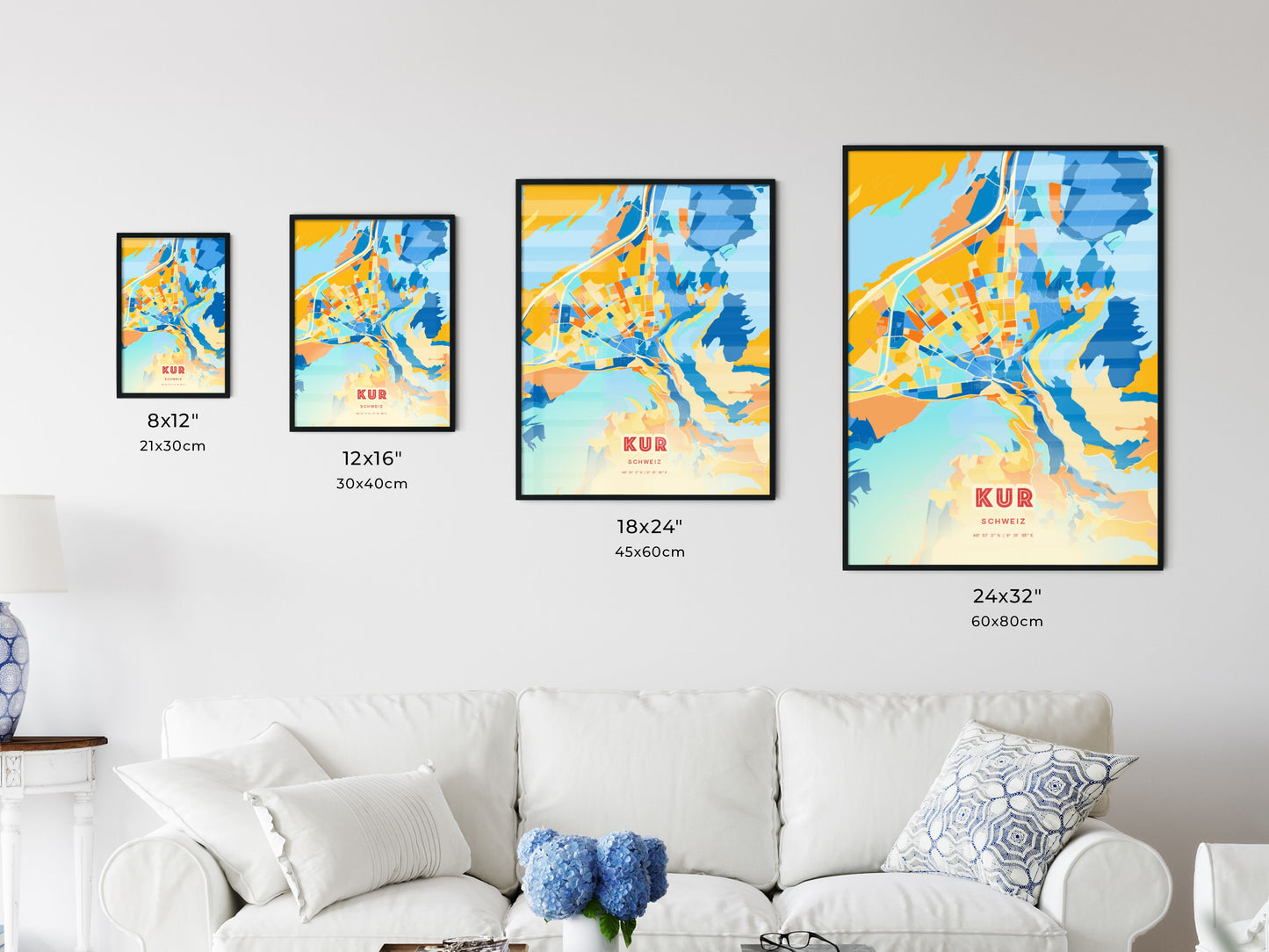 Colorful CHUR SWITZERLAND Fine Art Map Blue Orange