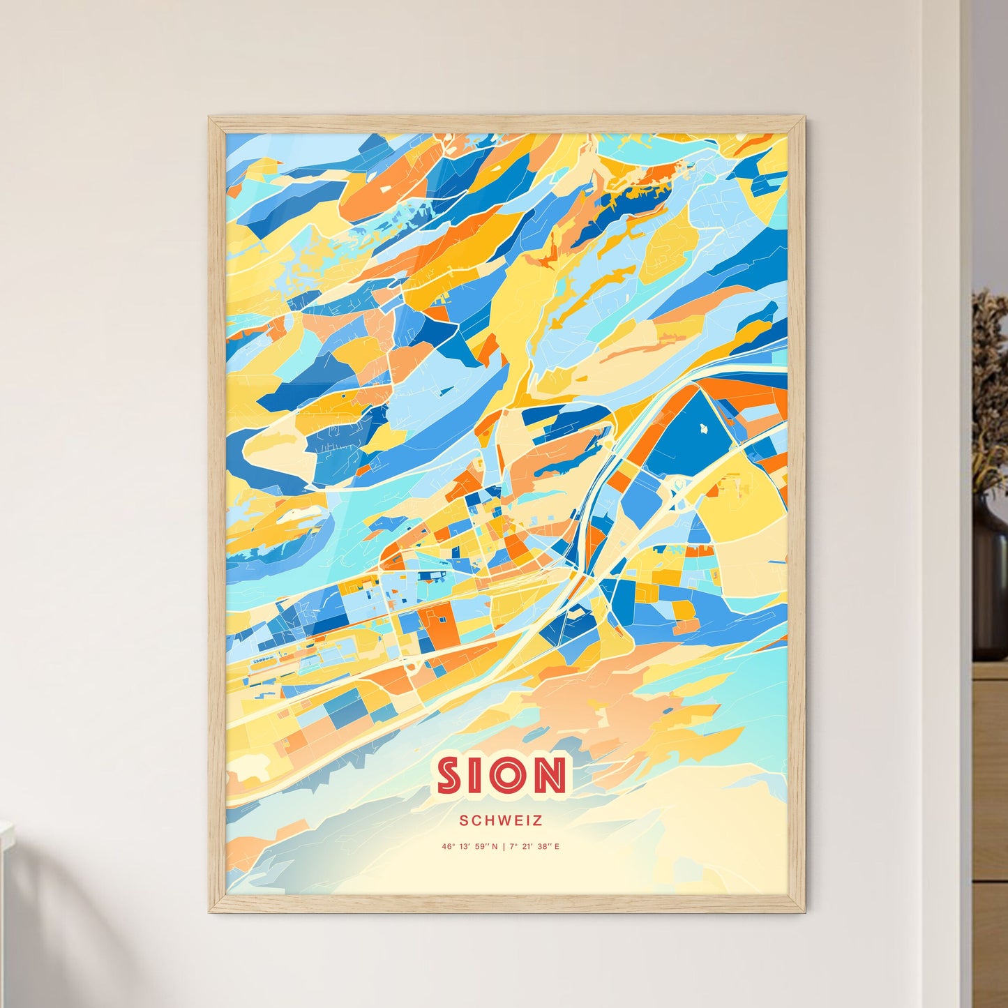 Colorful SION SWITZERLAND Fine Art Map Blue Orange