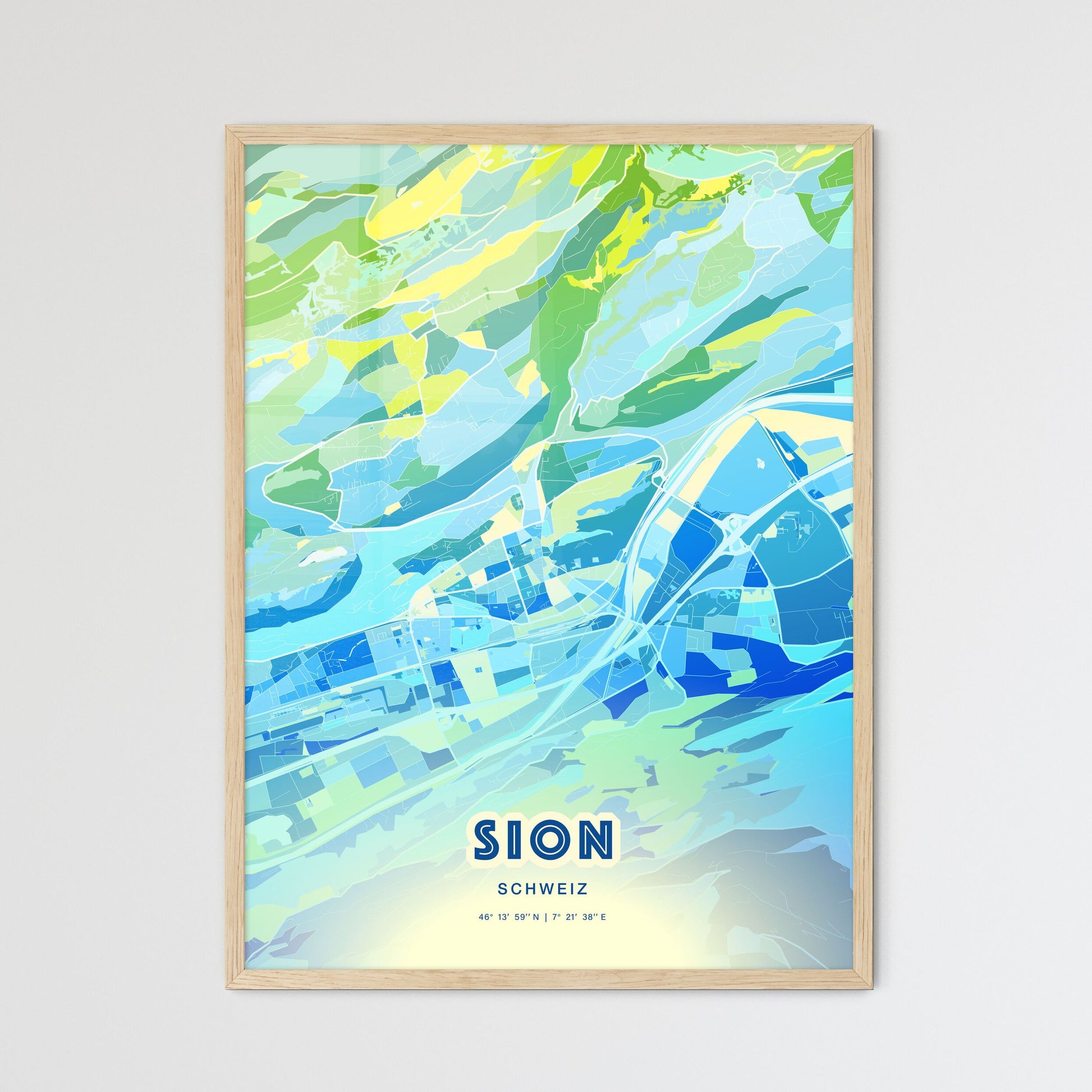 Colorful SION SWITZERLAND Fine Art Map Cool Blue