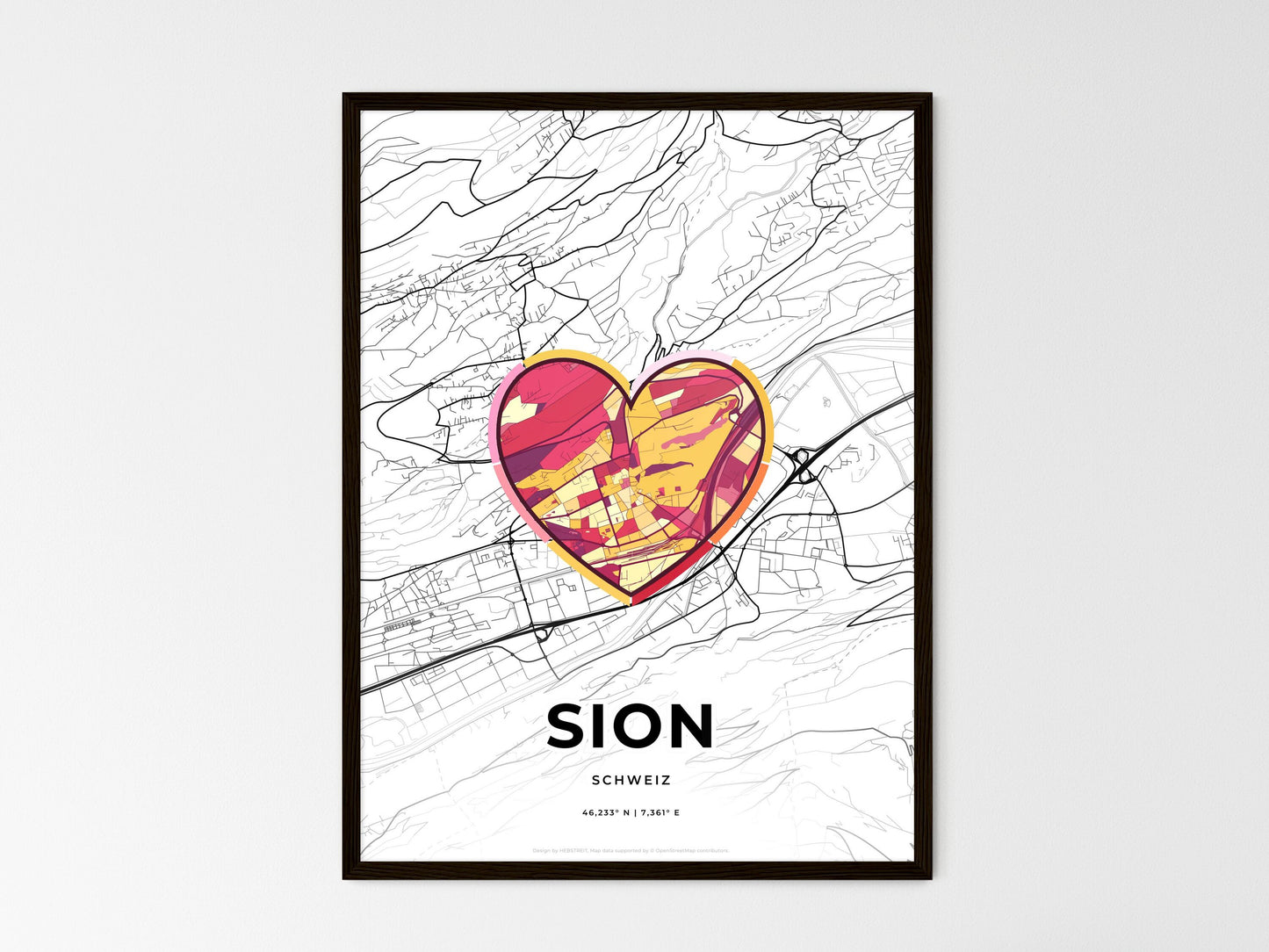 Sion Switzerland wedding art map with heart icon