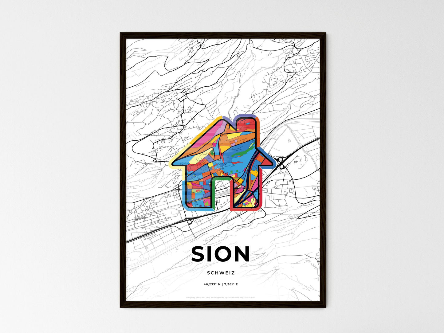 Sion Switzerland wedding art map with home icon