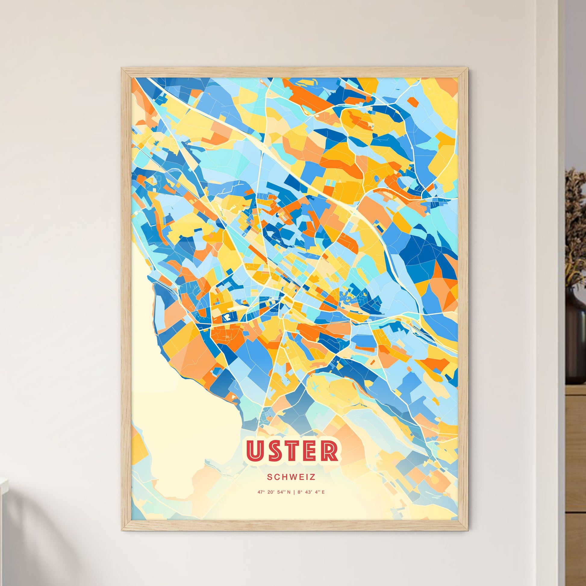 Colorful USTER SWITZERLAND Fine Art Map Blue Orange