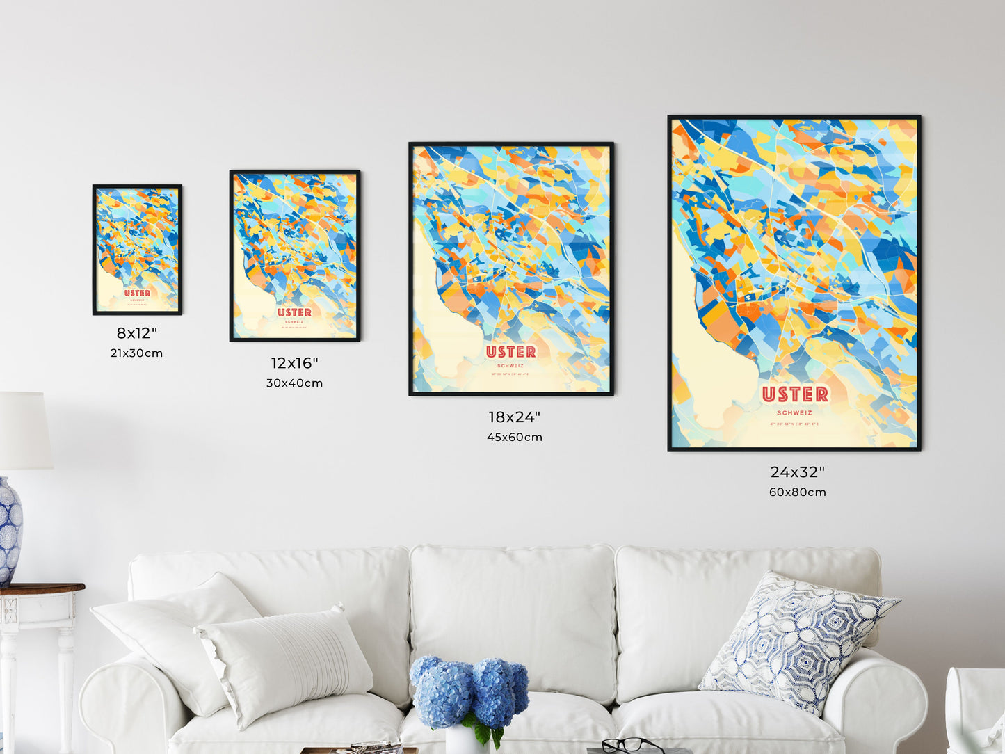 Colorful USTER SWITZERLAND Fine Art Map Blue Orange