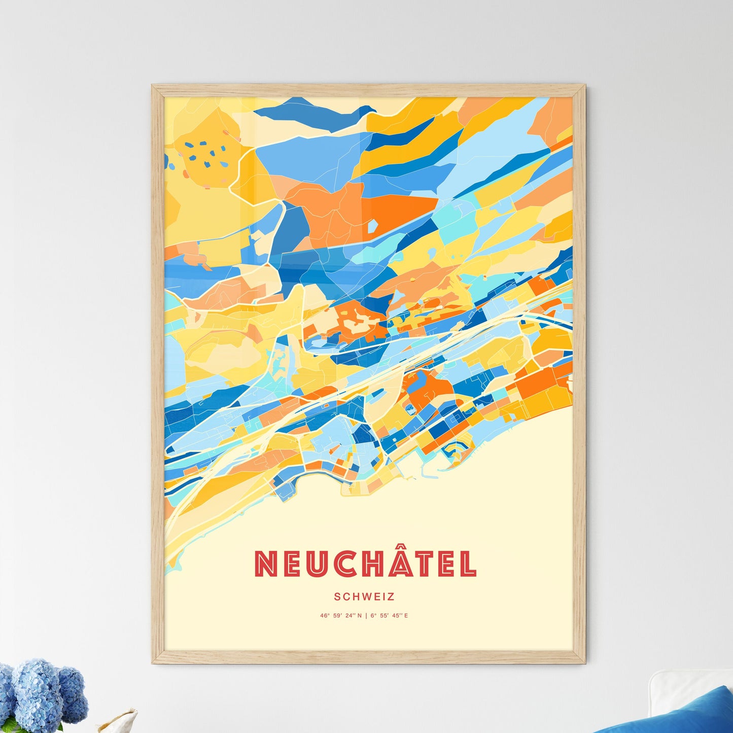 Colorful NEUCHÂTEL SWITZERLAND Fine Art Map Blue Orange