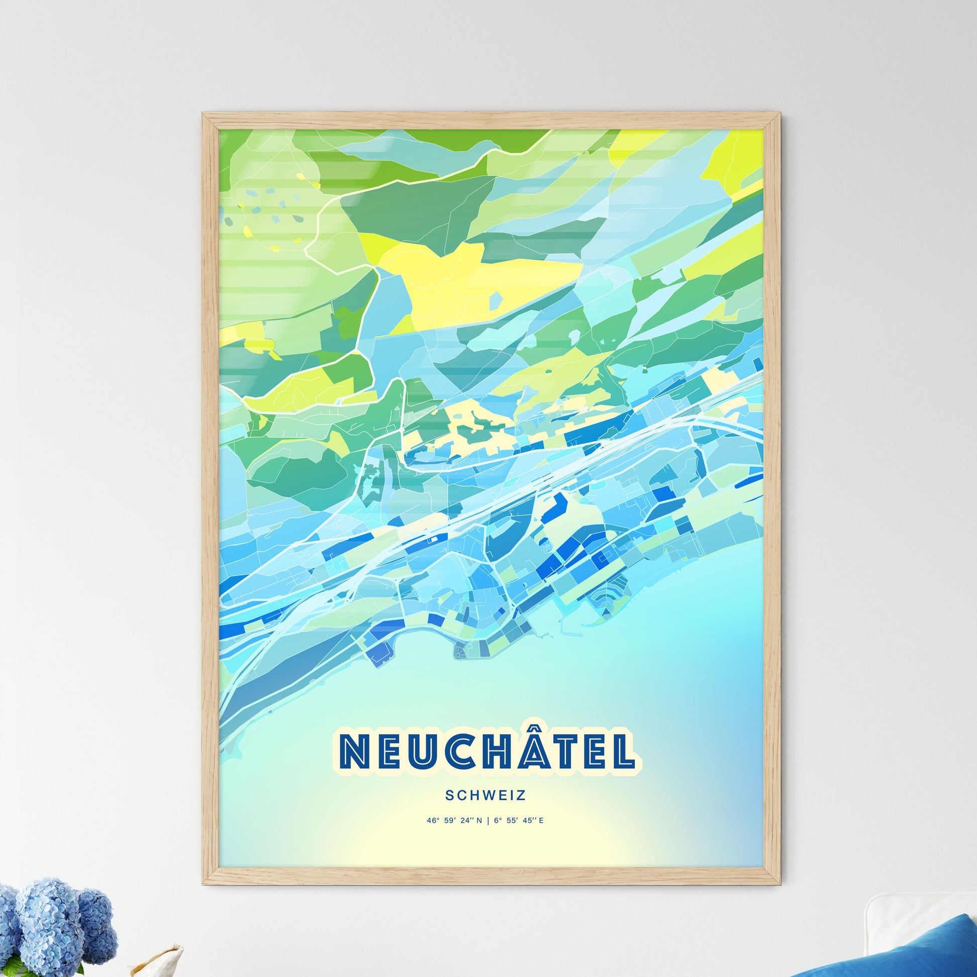 Colorful NEUCHÂTEL SWITZERLAND Fine Art Map Cool Blue