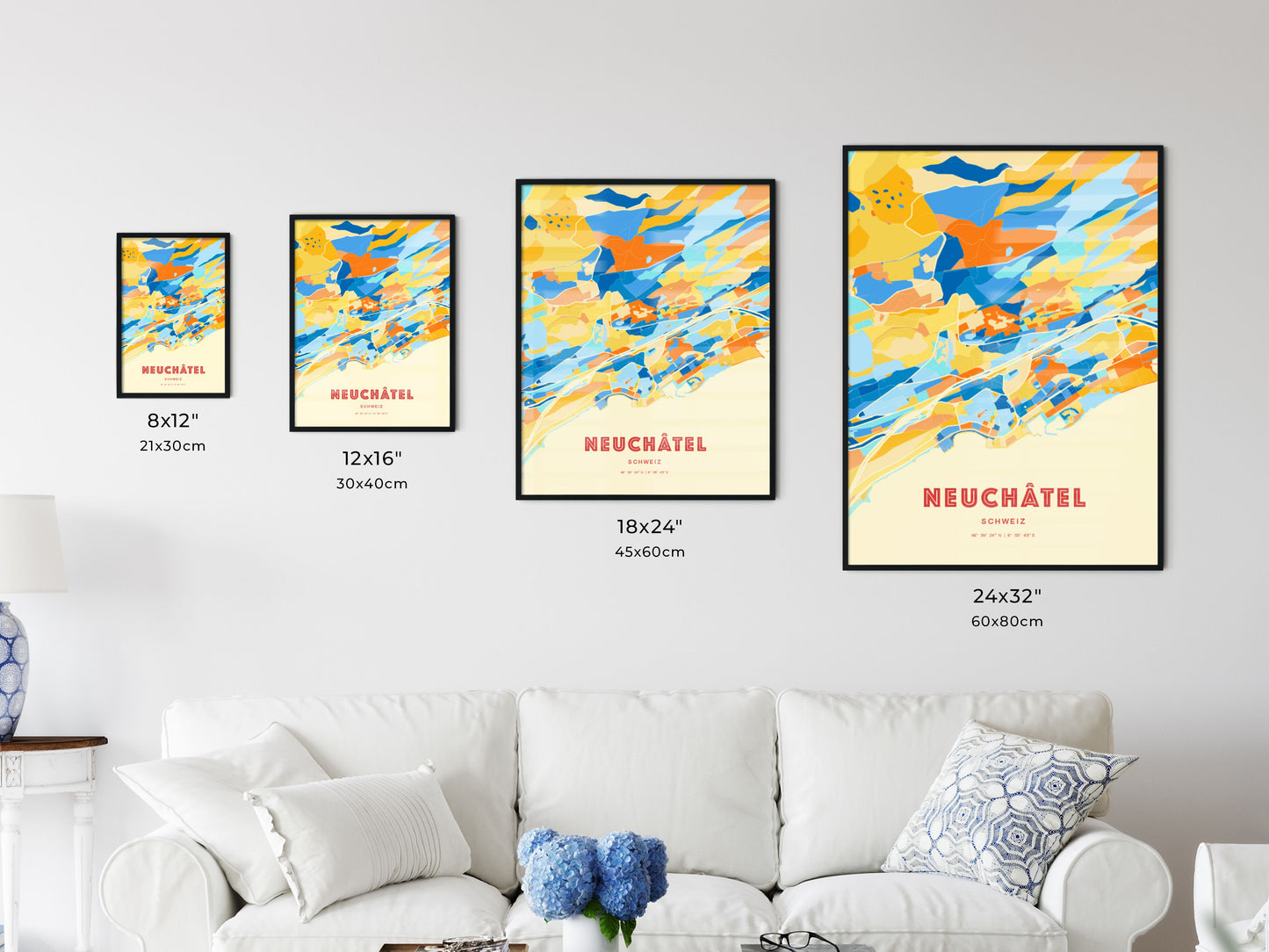 Colorful NEUCHÂTEL SWITZERLAND Fine Art Map Blue Orange