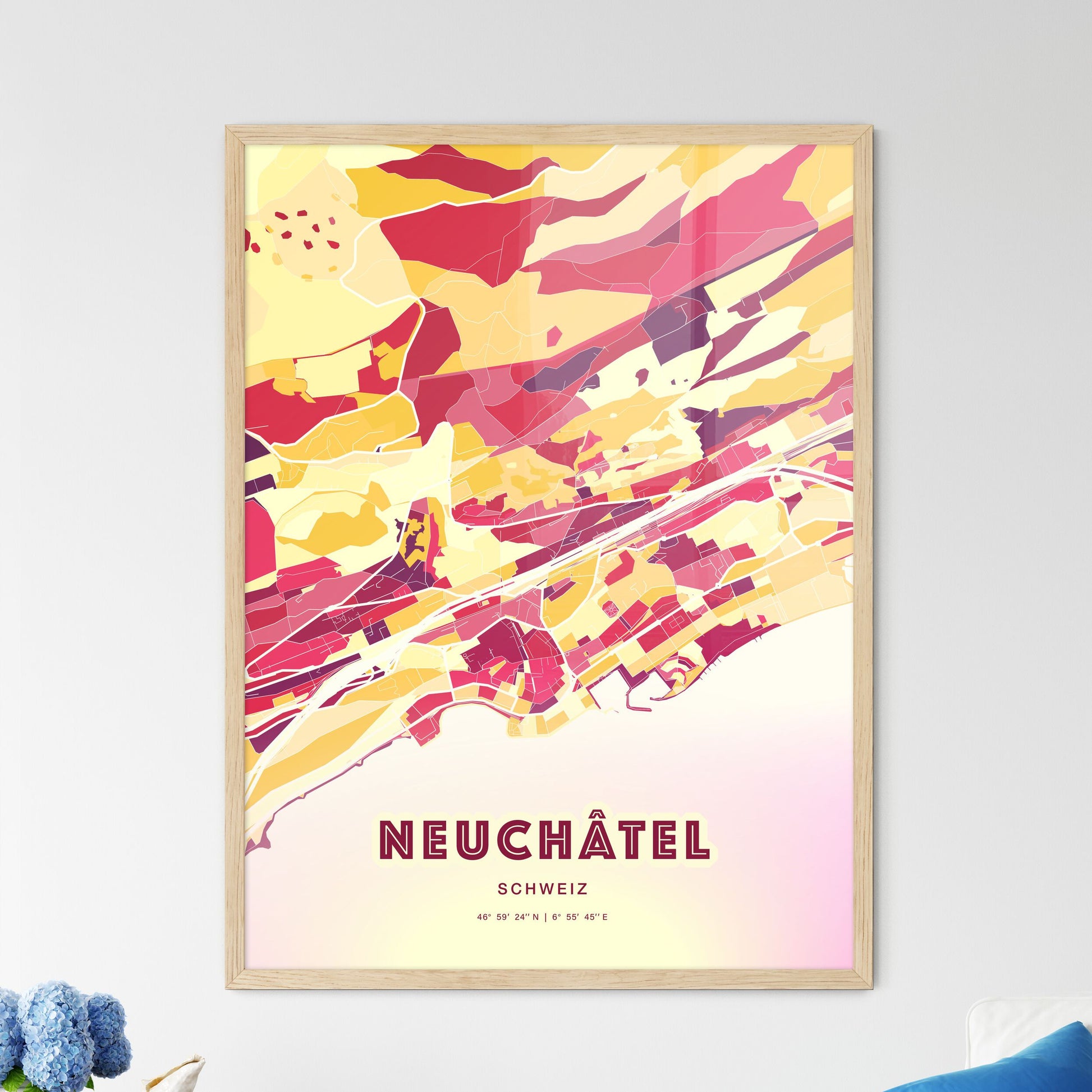 Colorful NEUCHÂTEL SWITZERLAND Fine Art Map Hot Red