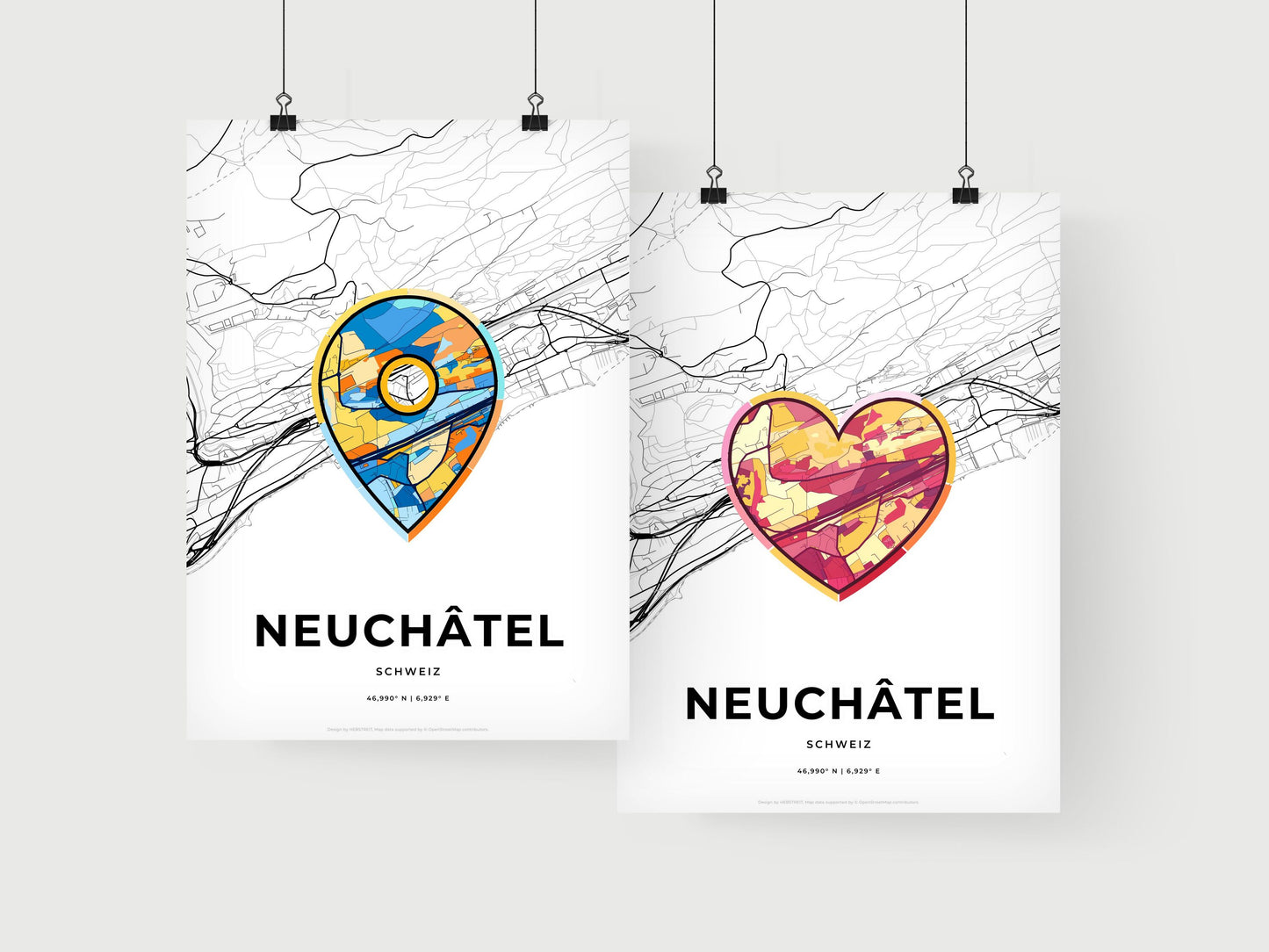 NEUCHÂTEL SWITZERLAND minimal art map with a colorful icon. Where it all began, Couple map gift.