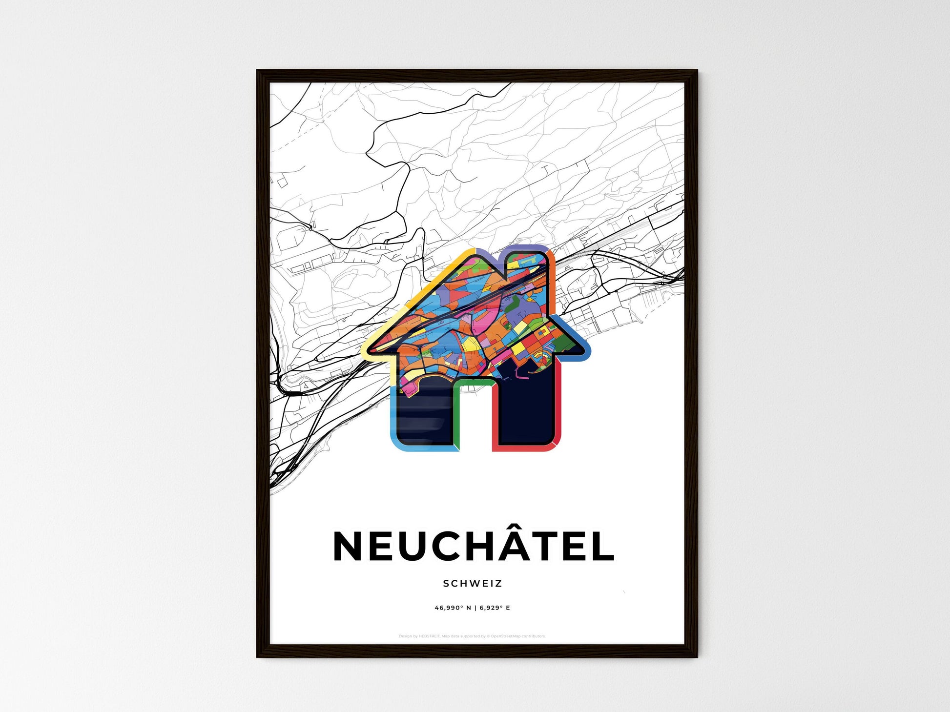 NEUCHÂTEL SWITZERLAND minimal art map with a colorful icon. Where it all began, Couple map gift. Style 3