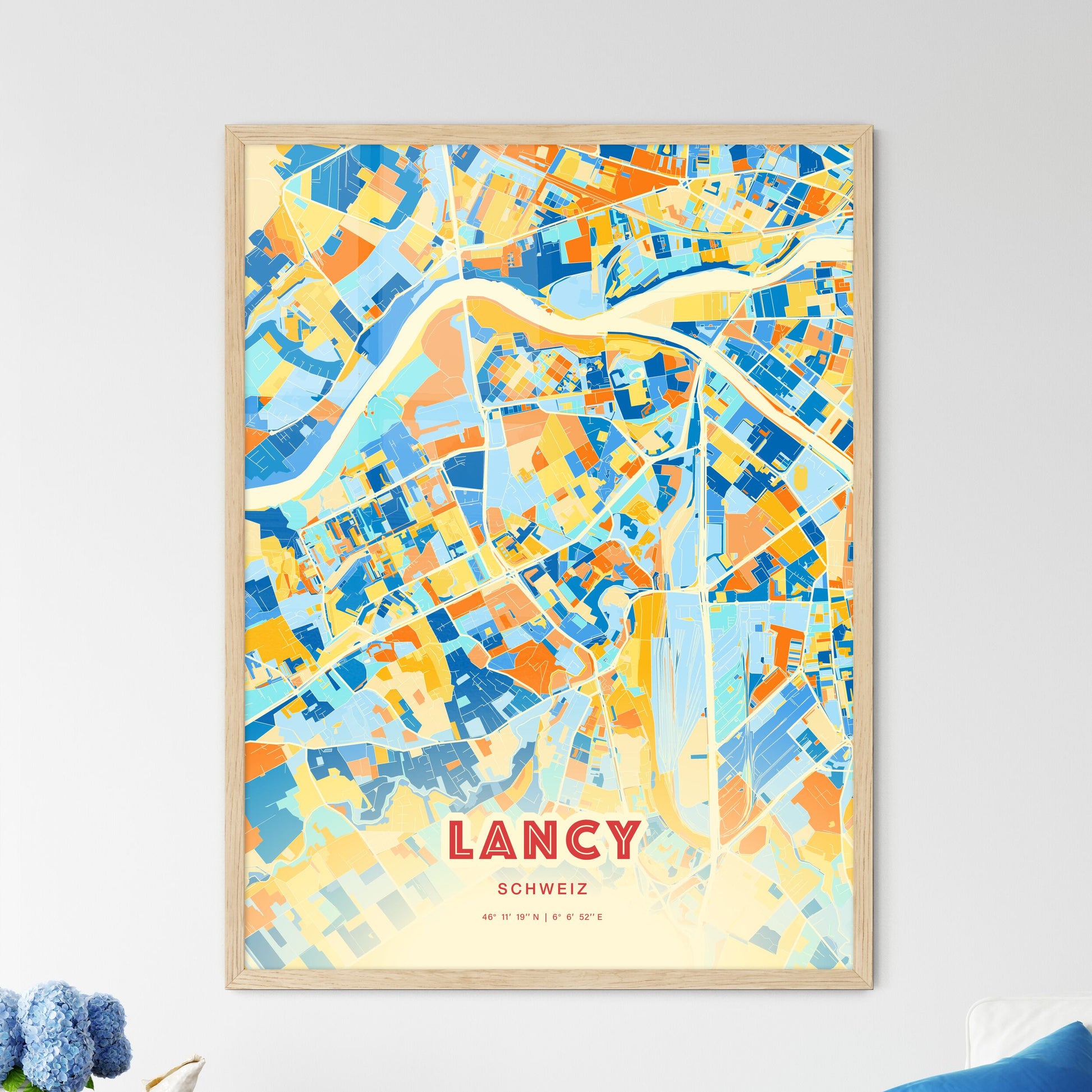 Colorful LANCY SWITZERLAND Fine Art Map Blue Orange